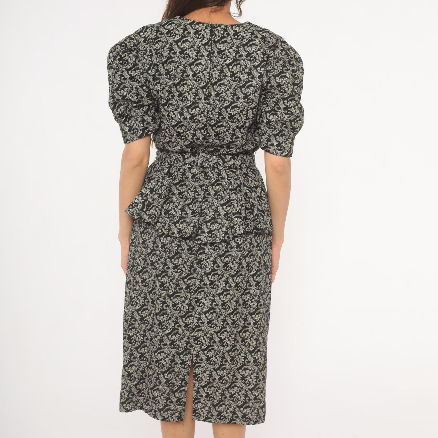 90s Miss Dorby Peplum Dress Black White Scroll Print V-Neck Puff Sleeve Large L