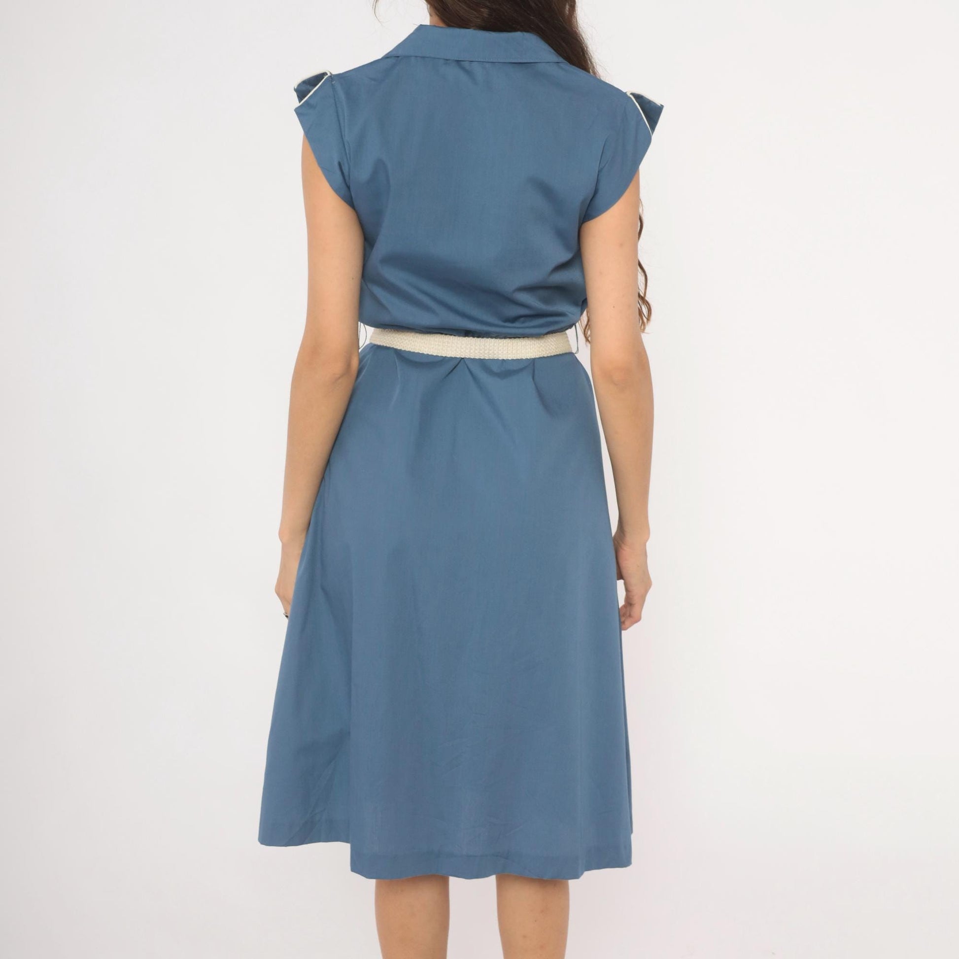 80s Slate Blue Button-Front Shirtdress Cap Sleeve Notched Collar Belted Small S