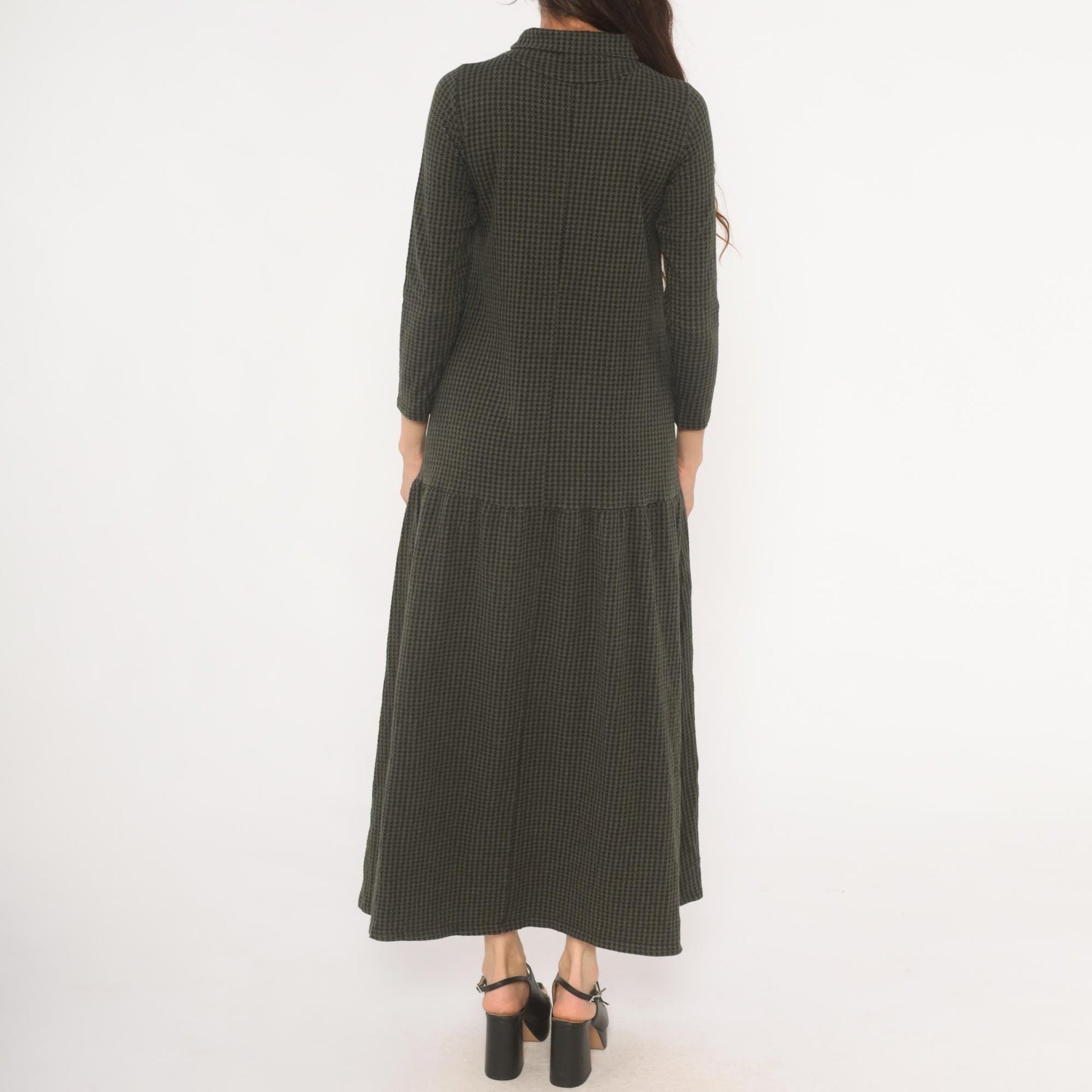 90s JP Houndstooth Maxi Dress Olive Black Funnel Neck Drop Waist Medium M