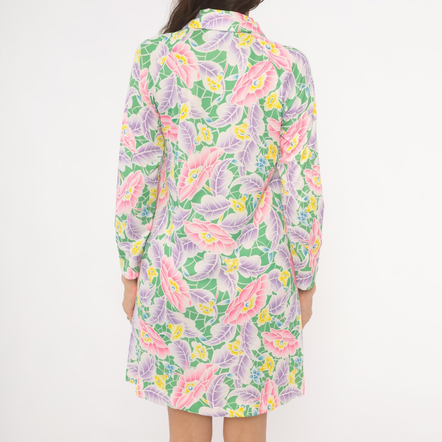 70s Travel Lite Floral Shift Dress Pink Lavender Green Knee-Length Small S