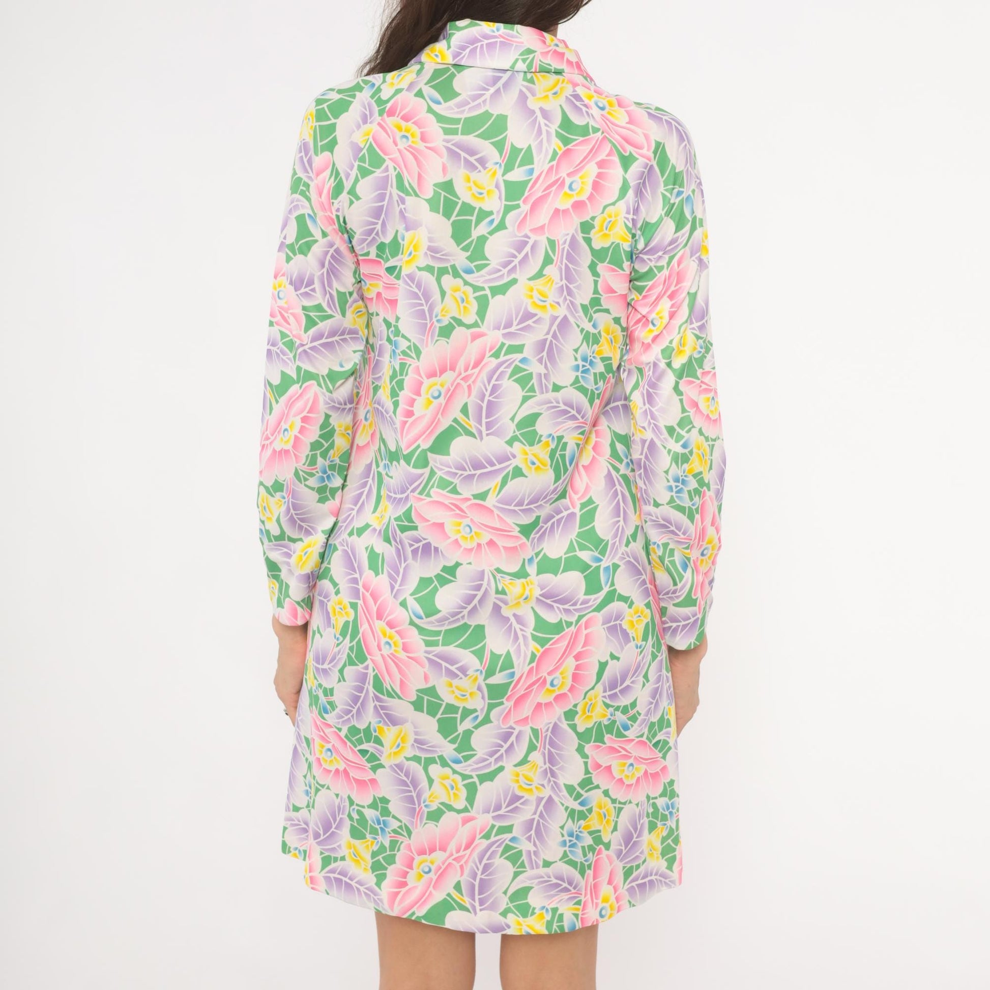 70s Travel Lite Floral Shift Dress Pink Lavender Green Knee-Length Small S