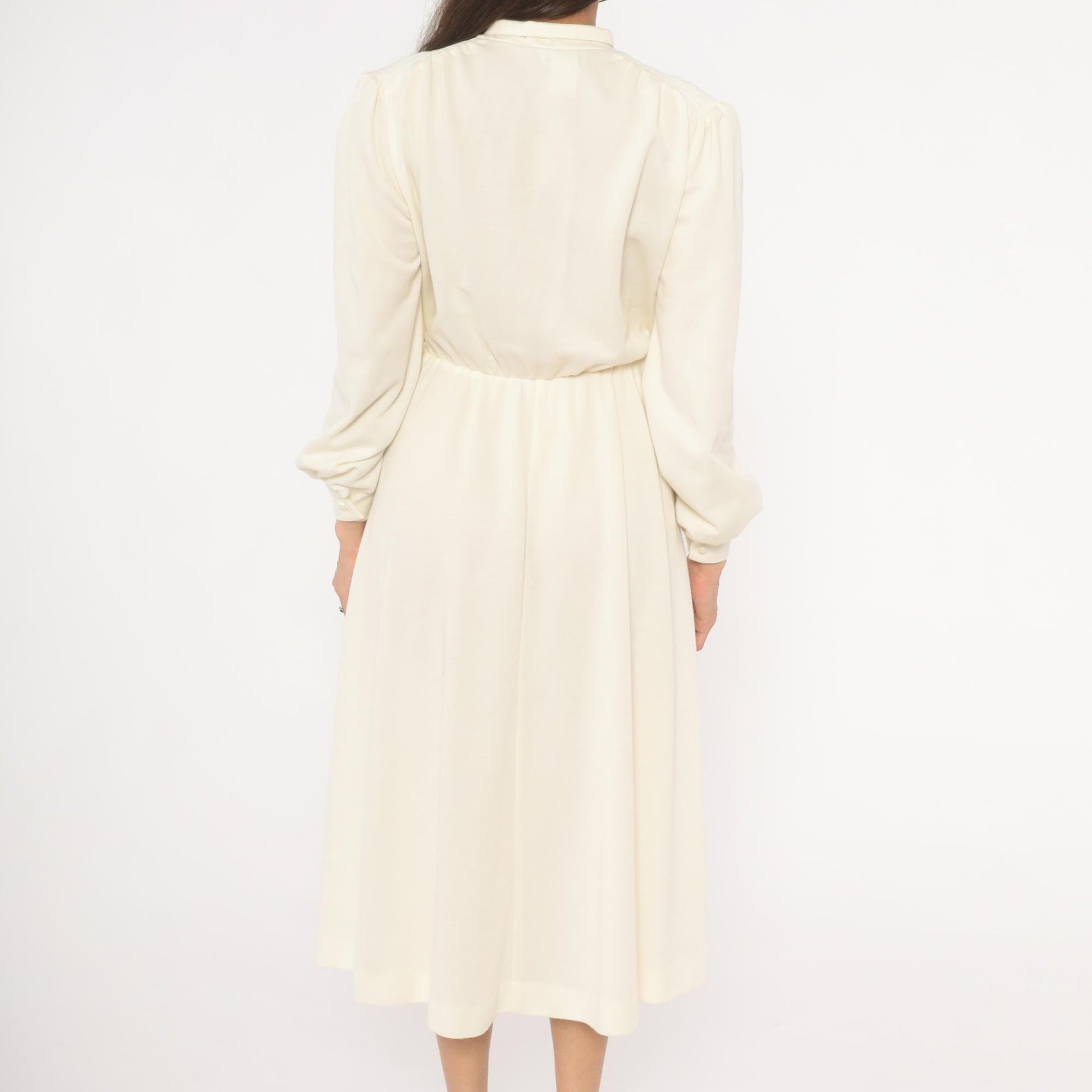 80s Sunshine Starshine Cream Puff Sleeve Midi Dress Pearl Buttons Wool Large L