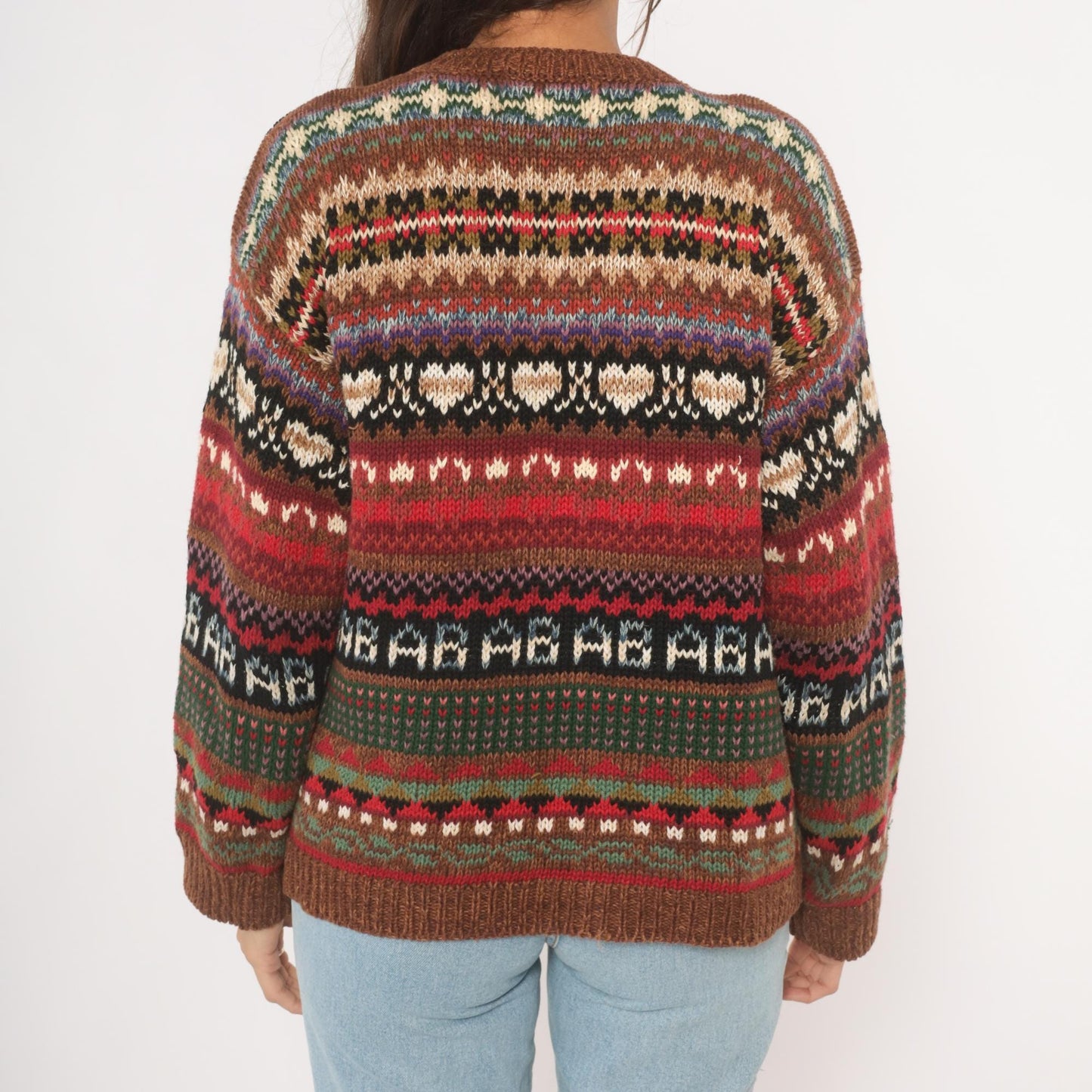 90s Tiara International Patchwork Cardigan Floral Fair Isle Knit Brown Small