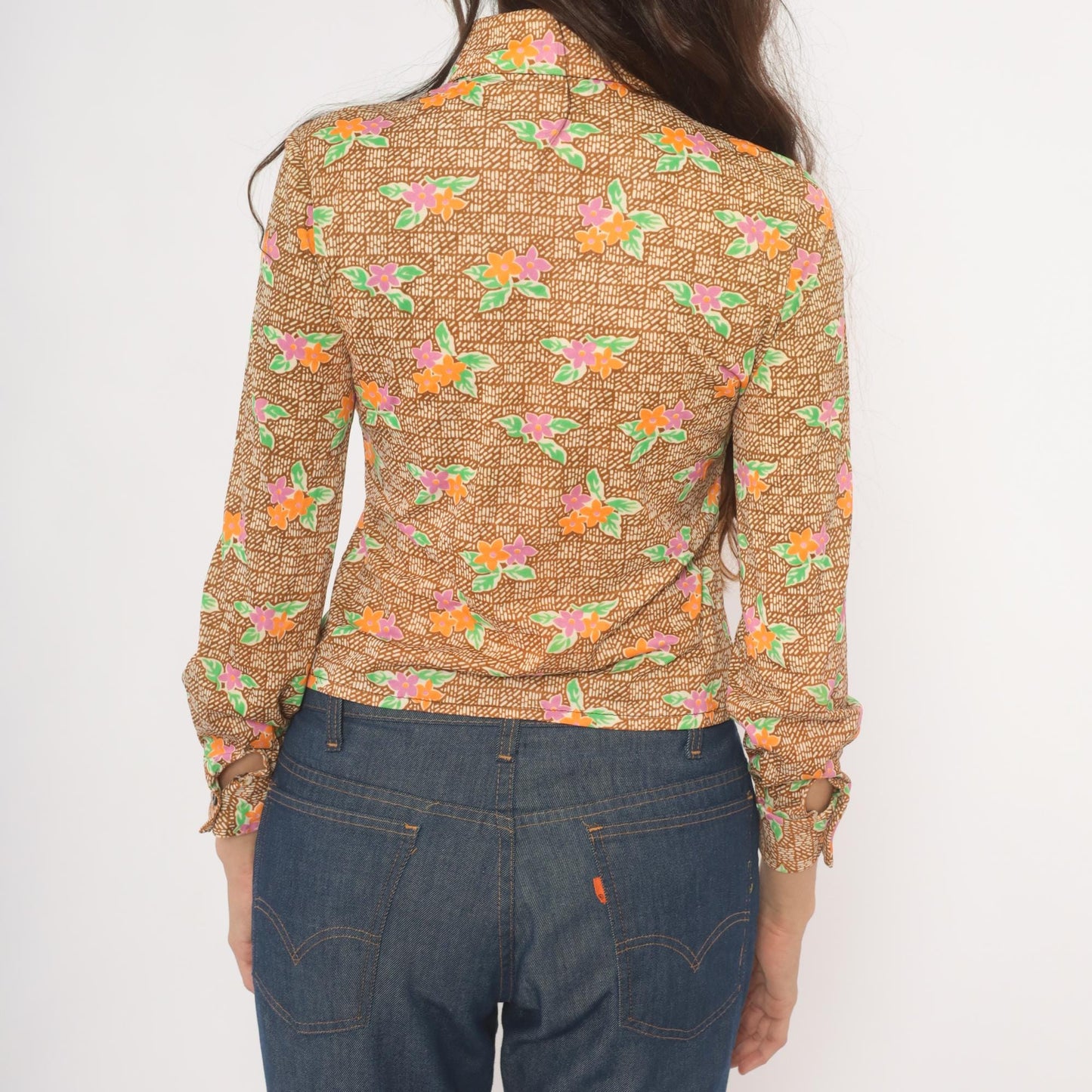 70s Floral Button-Up Blouse Pointed Collar Brown Pink Orange Green Small