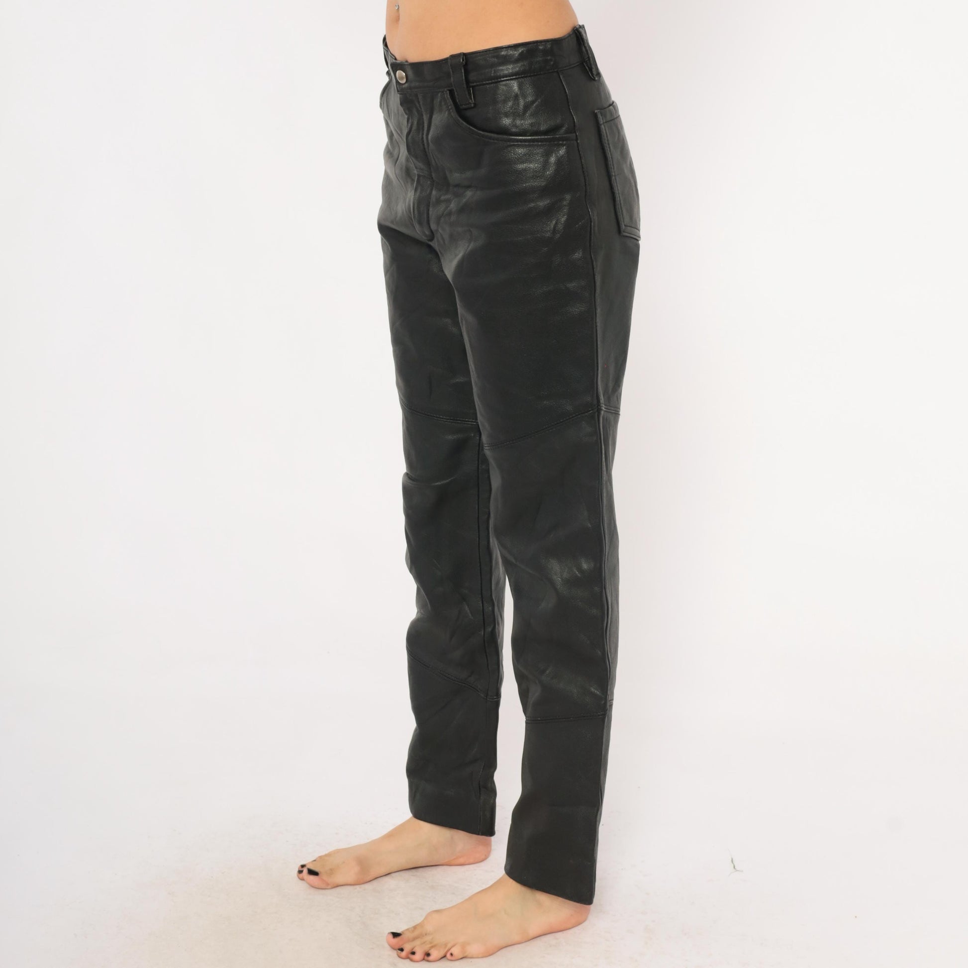 90s Berman's Black Leather Pants Straight Leg Moto Paneled Medium M