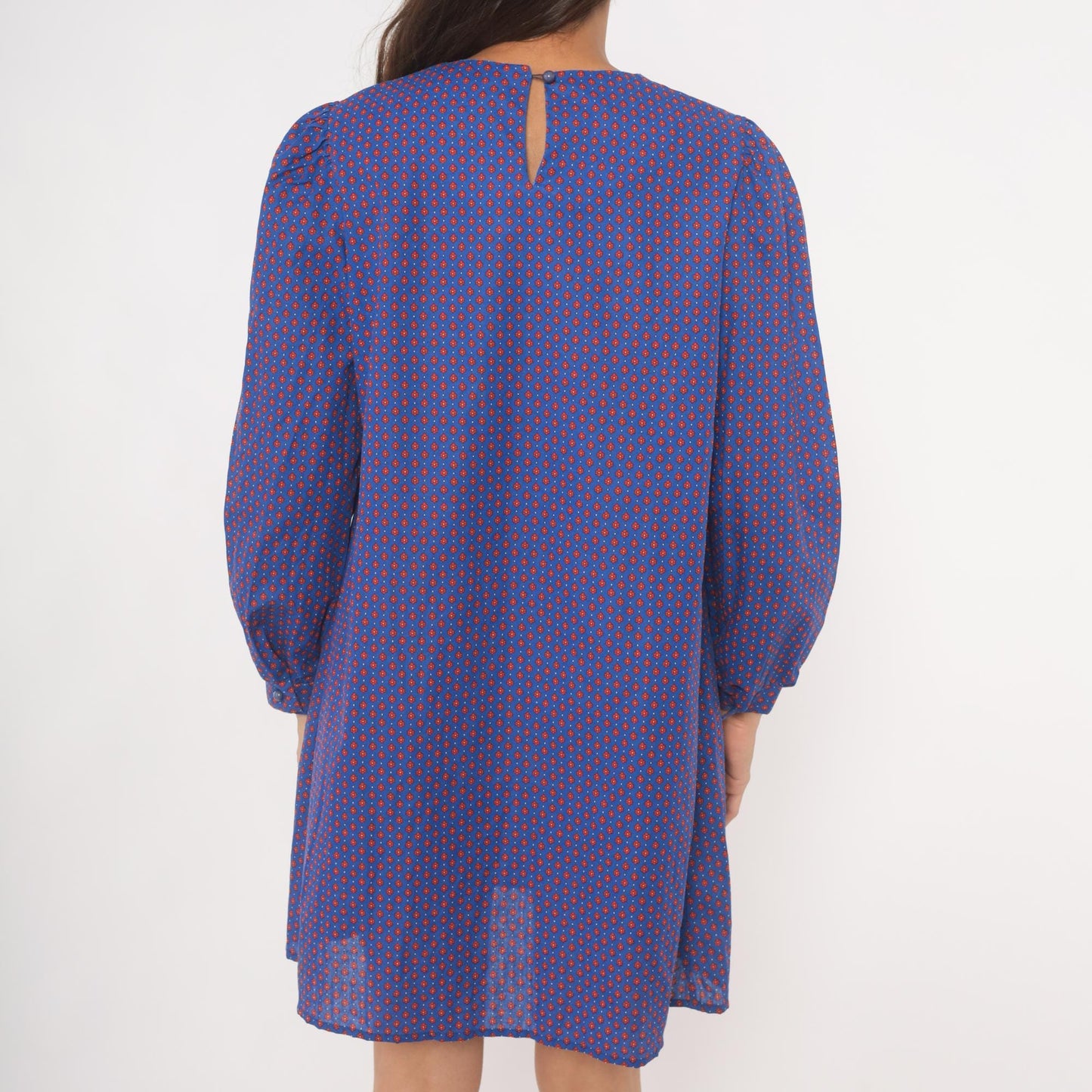 80s Maternity Calico Floral Shift Dress Blue Red Puff Sleeve Bib Collar Medium M