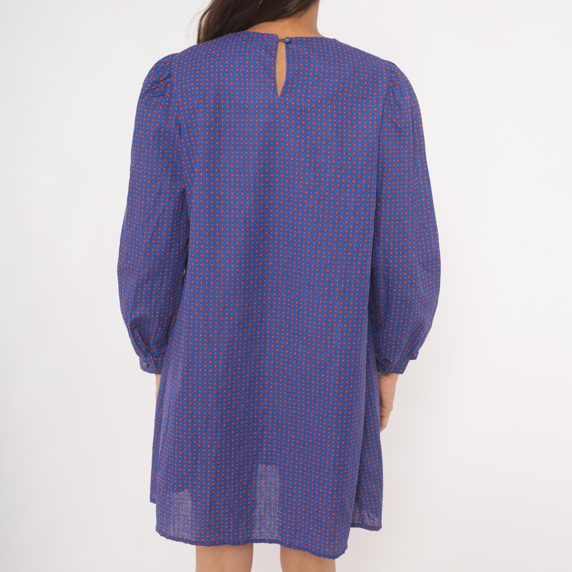 80s Maternity Calico Floral Shift Dress Blue Red Puff Sleeve Bib Collar Medium M