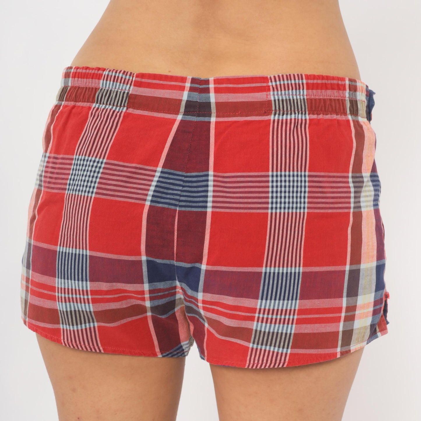 1960s Jantzen Reversible Plaid Shorts Red Navy Cotton Low Rise Medium M