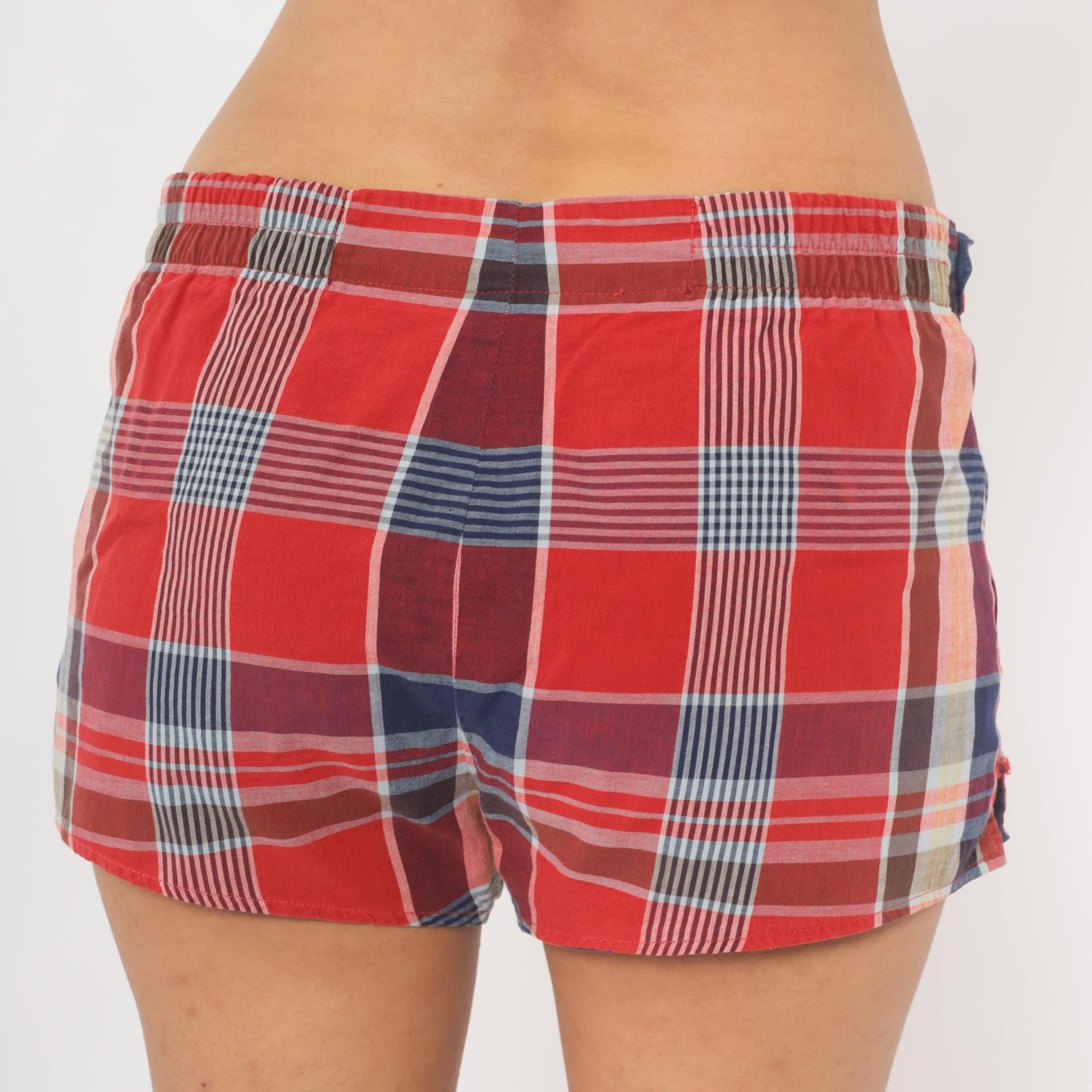 1960s Jantzen Reversible Plaid Shorts Red Navy Cotton Low Rise Medium M