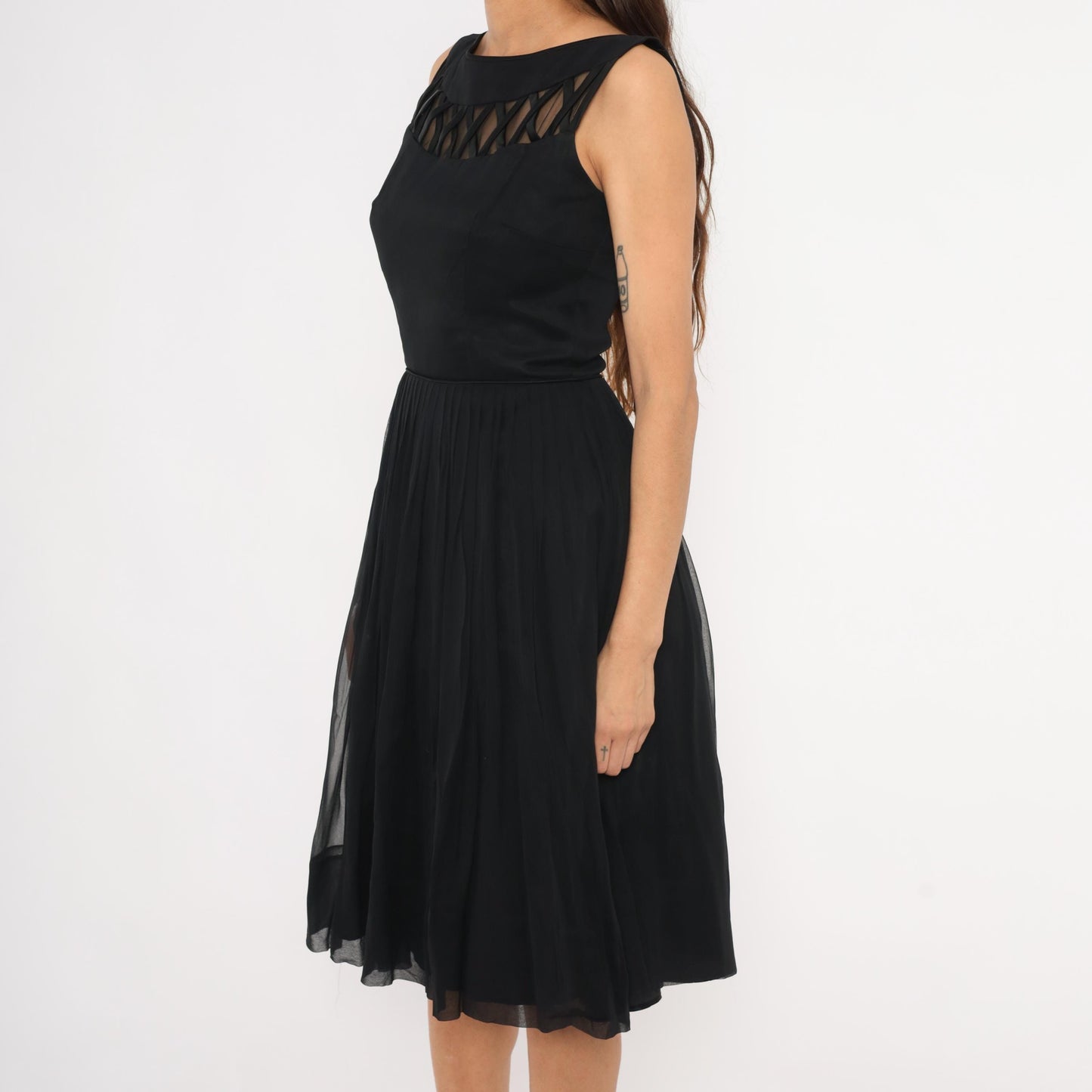 60s Black Chiffon Cocktail Dress Lattice Cutout Boat Neck Small