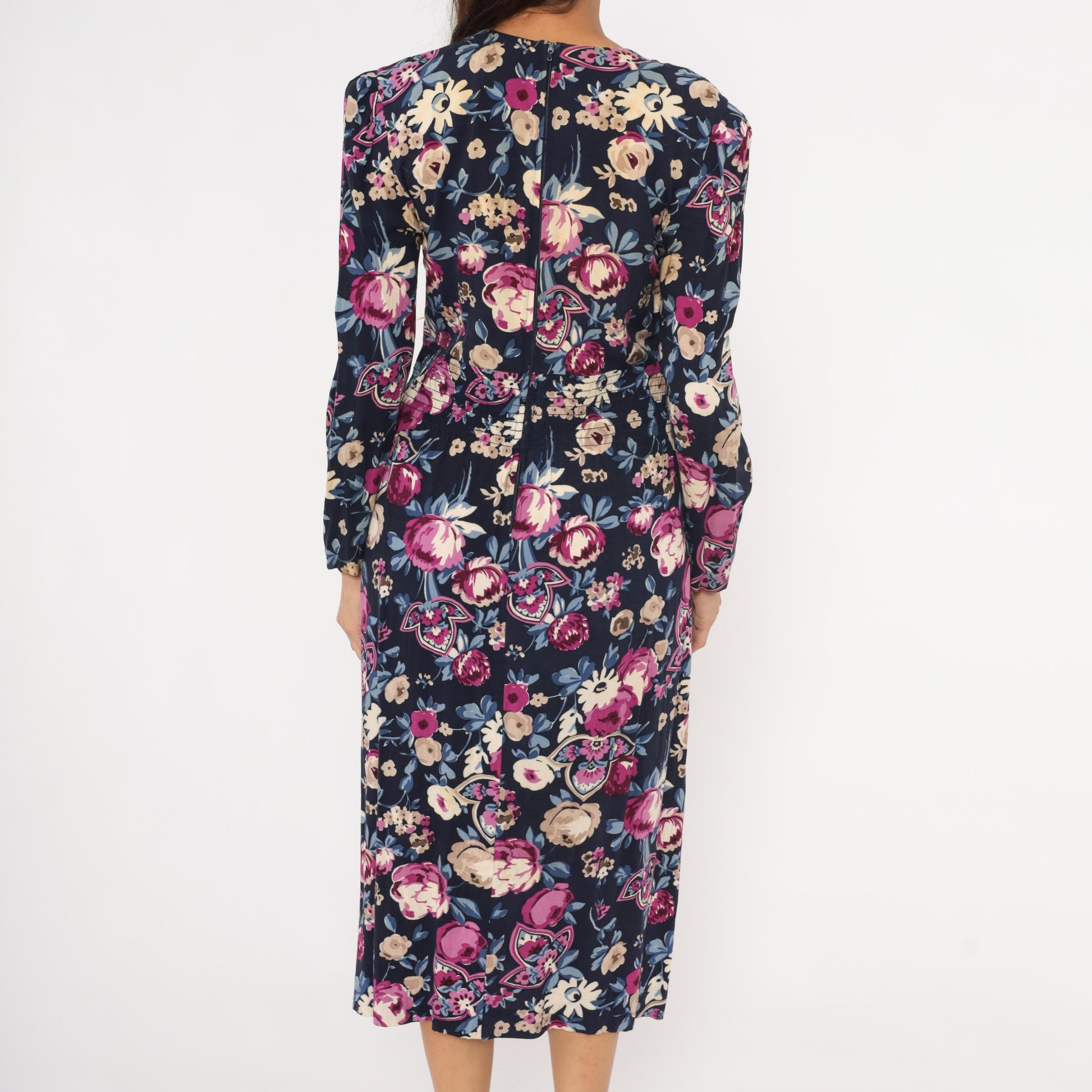 80s Karin Stevens Floral Midi Dress Navy Puff Sleeve Pleated Medium M