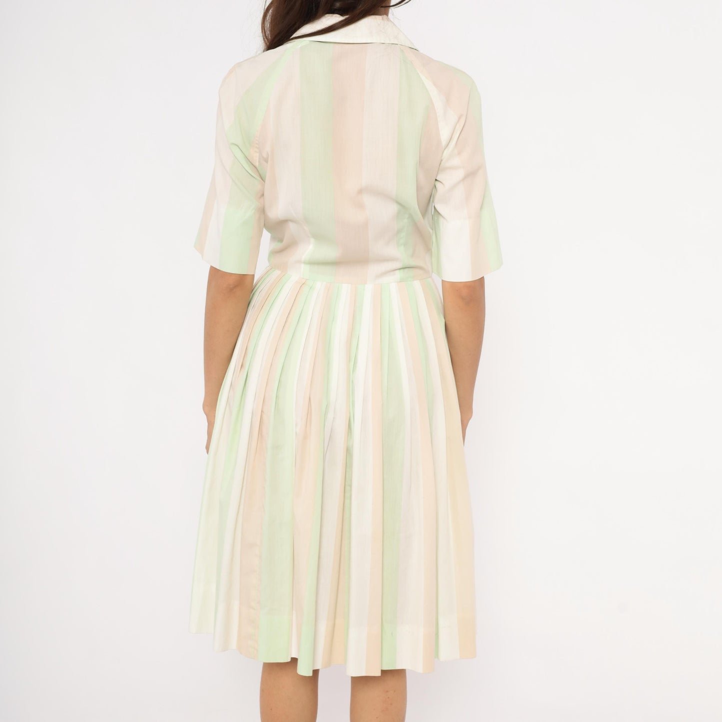 60s Pastel Striped Shirtdress Mint Green Pink Button Front Knee Length Medium