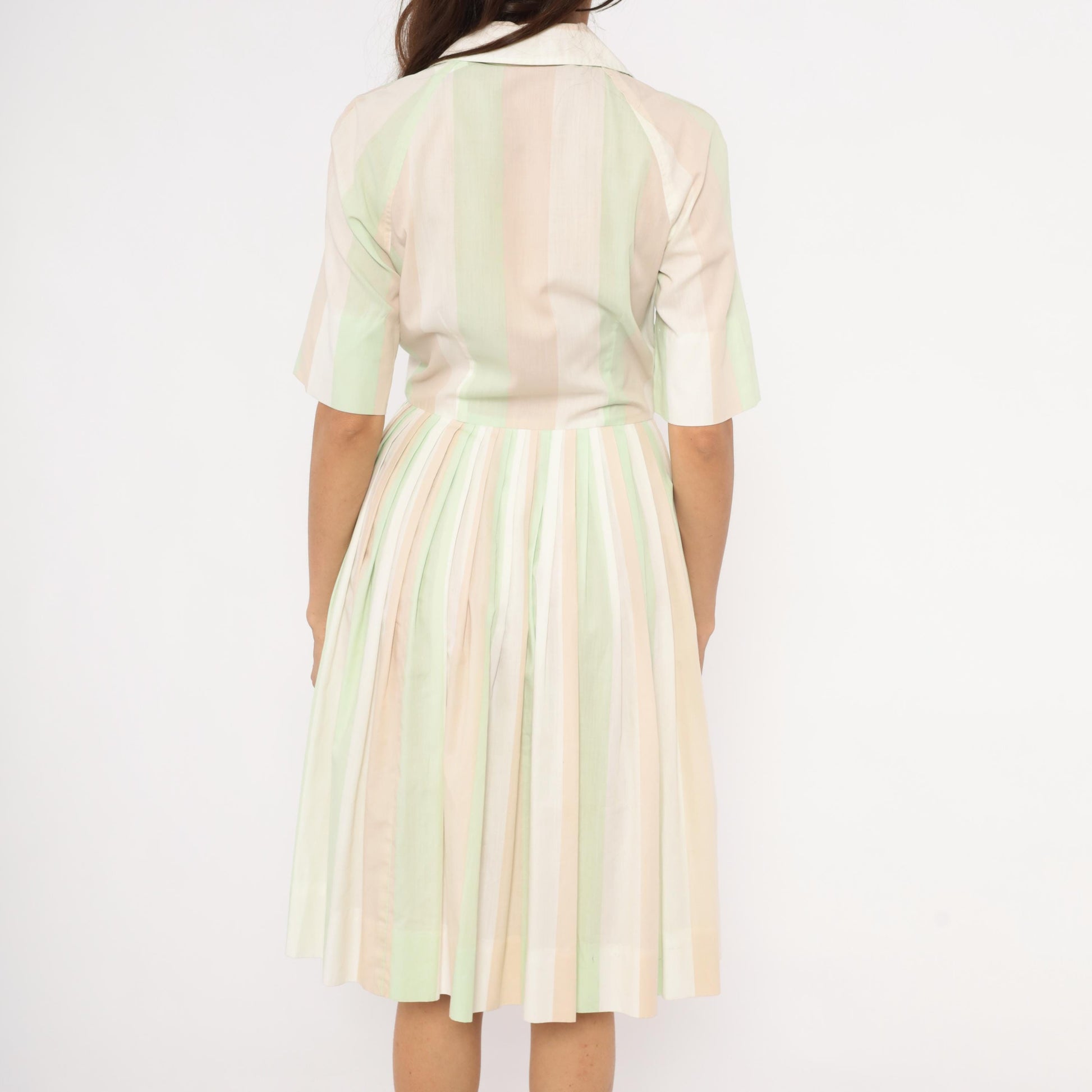 60s Pastel Striped Shirtdress Mint Green Pink Button Front Knee Length Medium