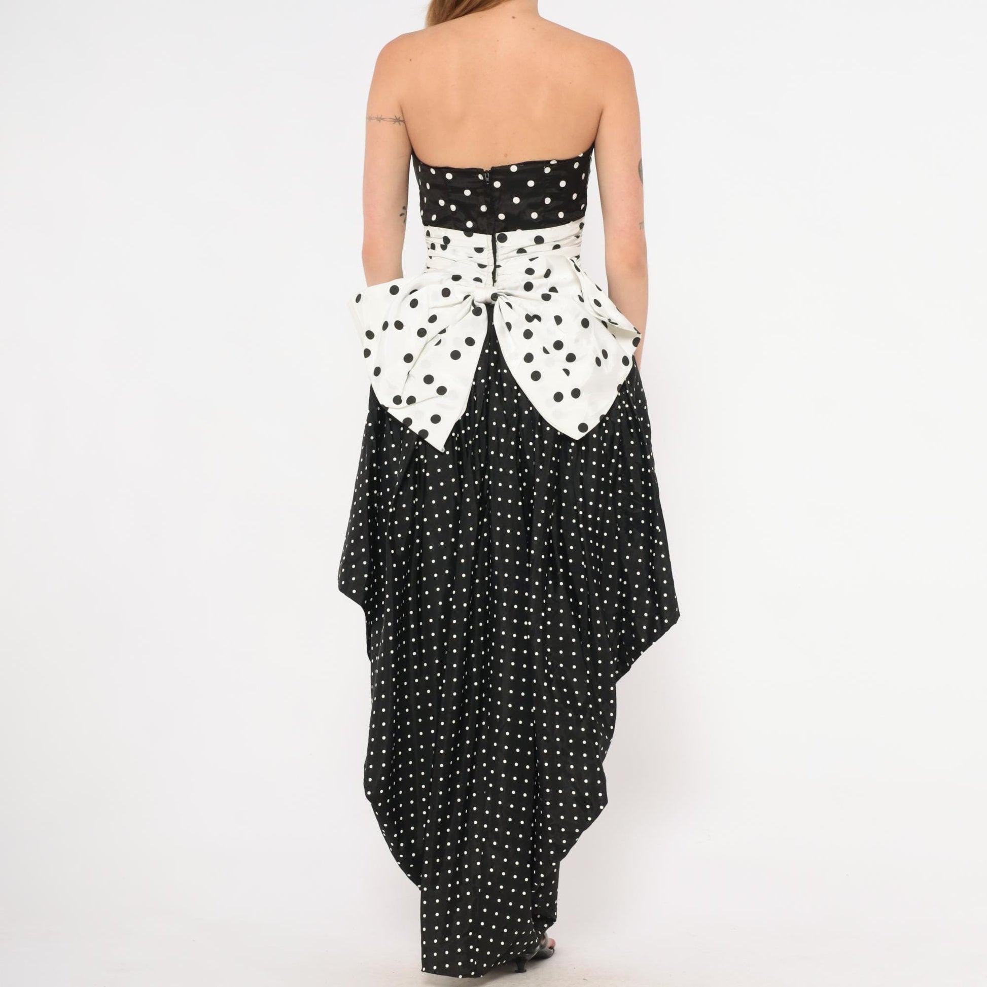 80s Jessica McClintock Gunne Sax Polka Dot Strapless Gown Black White Extra Small XS