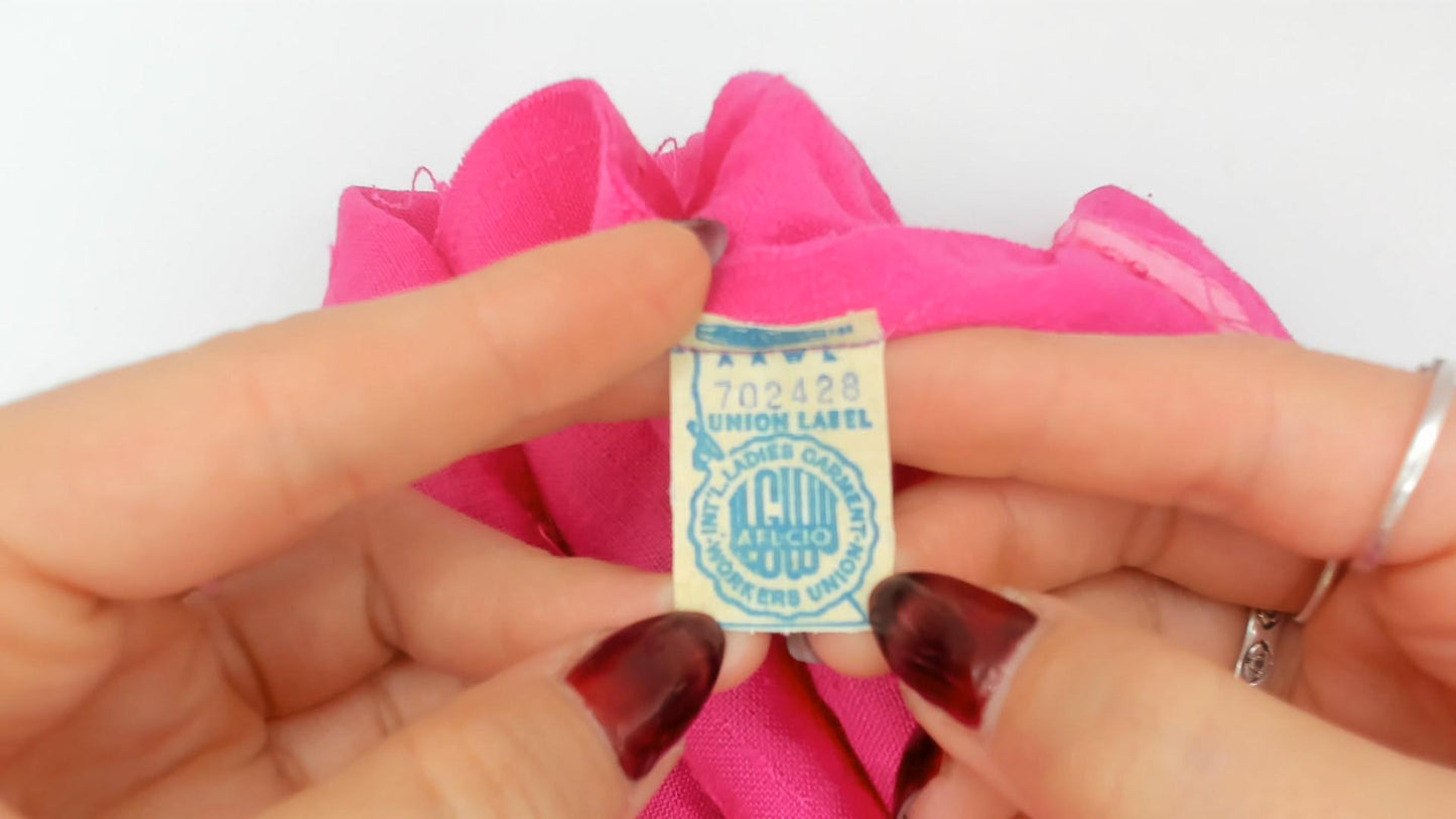 80s Fuchsia Linen Cotton Sheath Dress Square Neckline Pleated Waist Small S