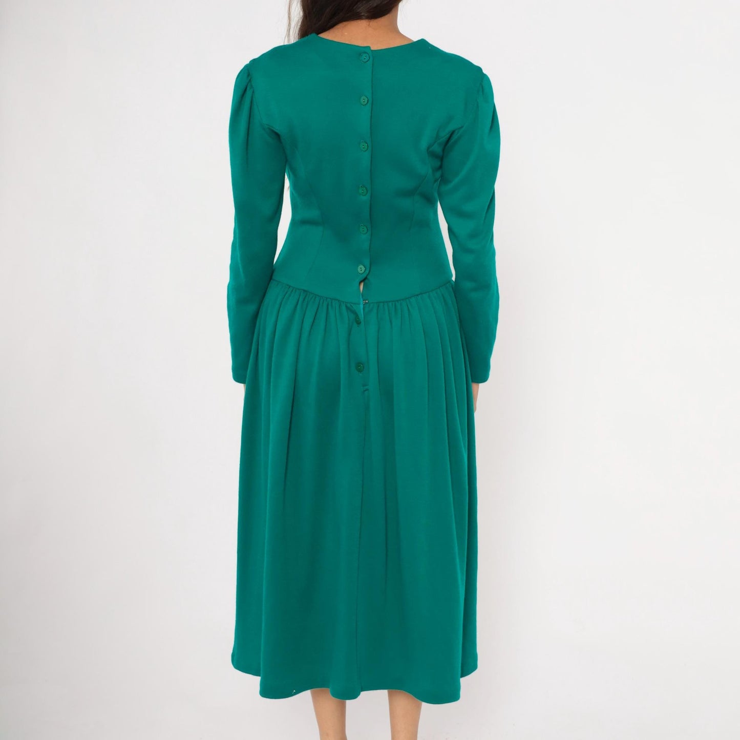 80s Expo Teal Midi Dress Lace Bib Puff Sleeve Fitted Bodice Medium M