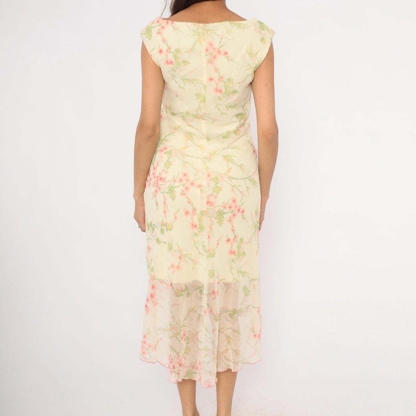 90s City Triangles Cherry Blossom Chiffon Dress Pink Cream Medium M