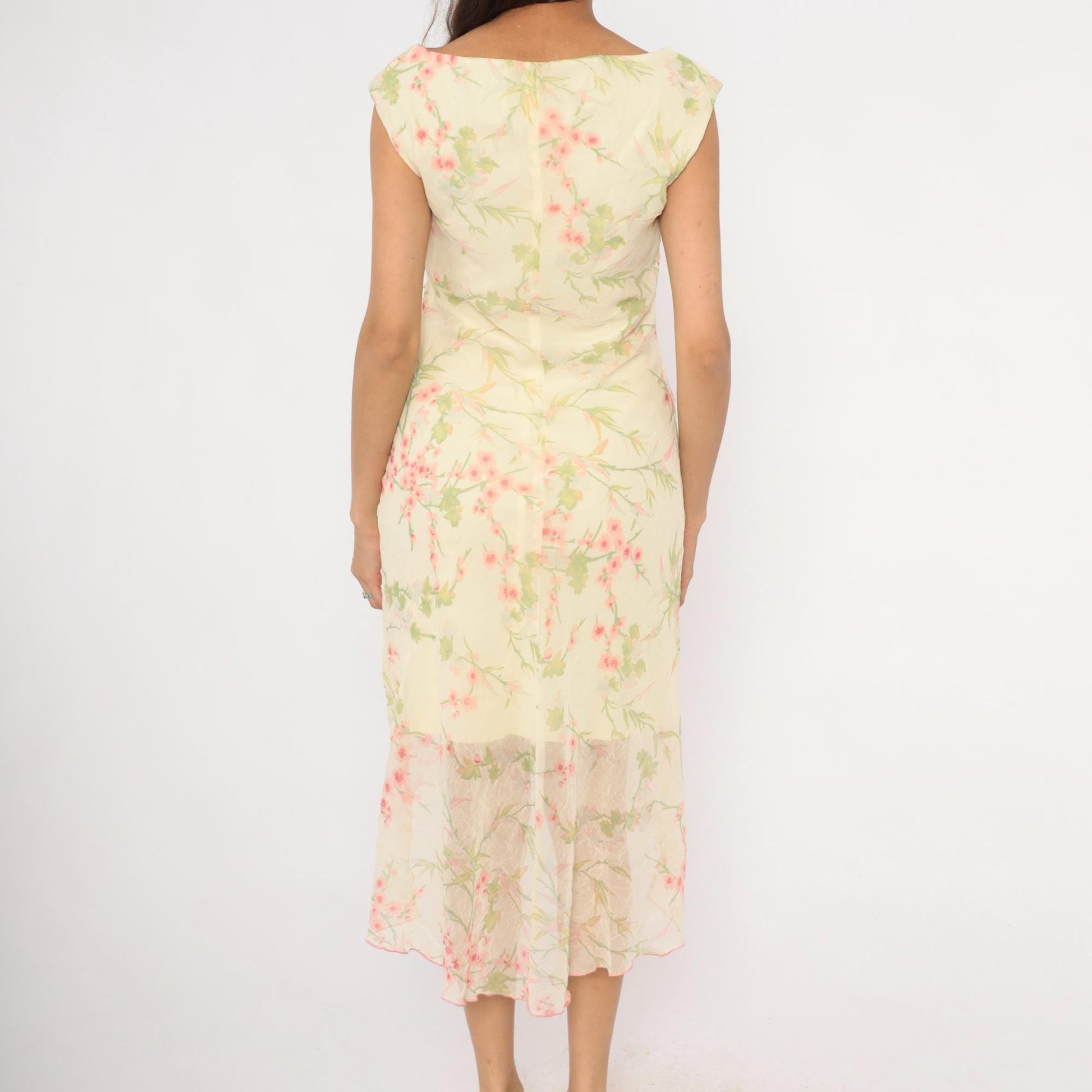 90s City Triangles Cherry Blossom Chiffon Dress Pink Cream Medium M