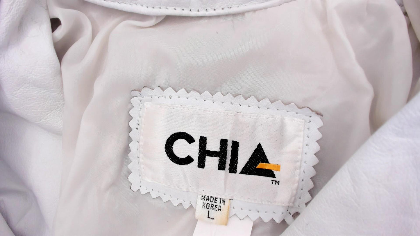 90s Chia Cropped Leather Jacket White Snap Front Batwing Sleeve Medium