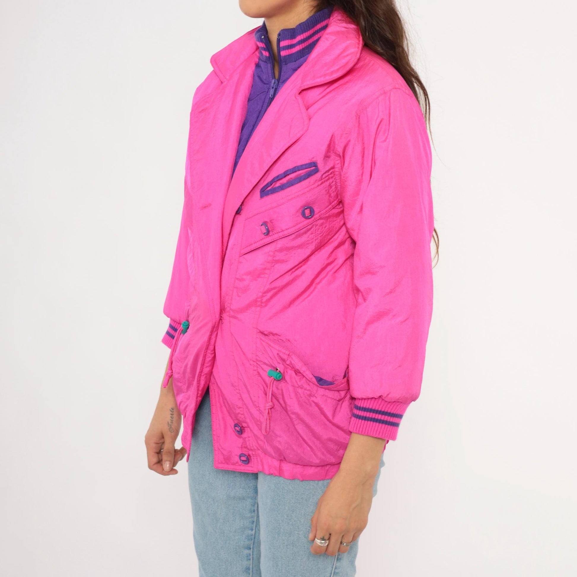 90s Survival Club Hot Pink Nylon Windbreaker Double Breasted Purple Lined XS