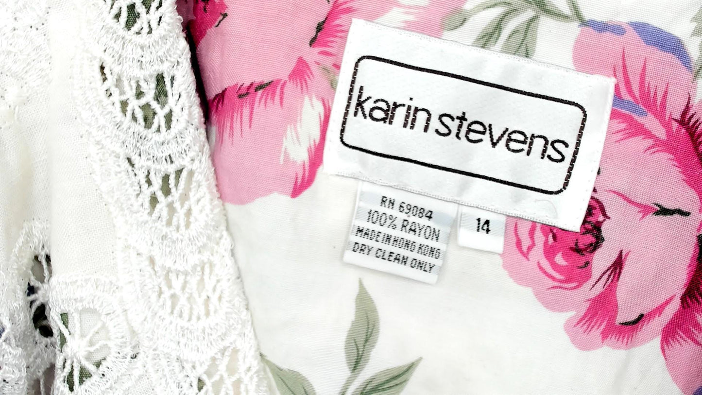 90s Karin Stevens Floral Midi Dress Lace Collar Puff Sleeve Pink Rose Large L