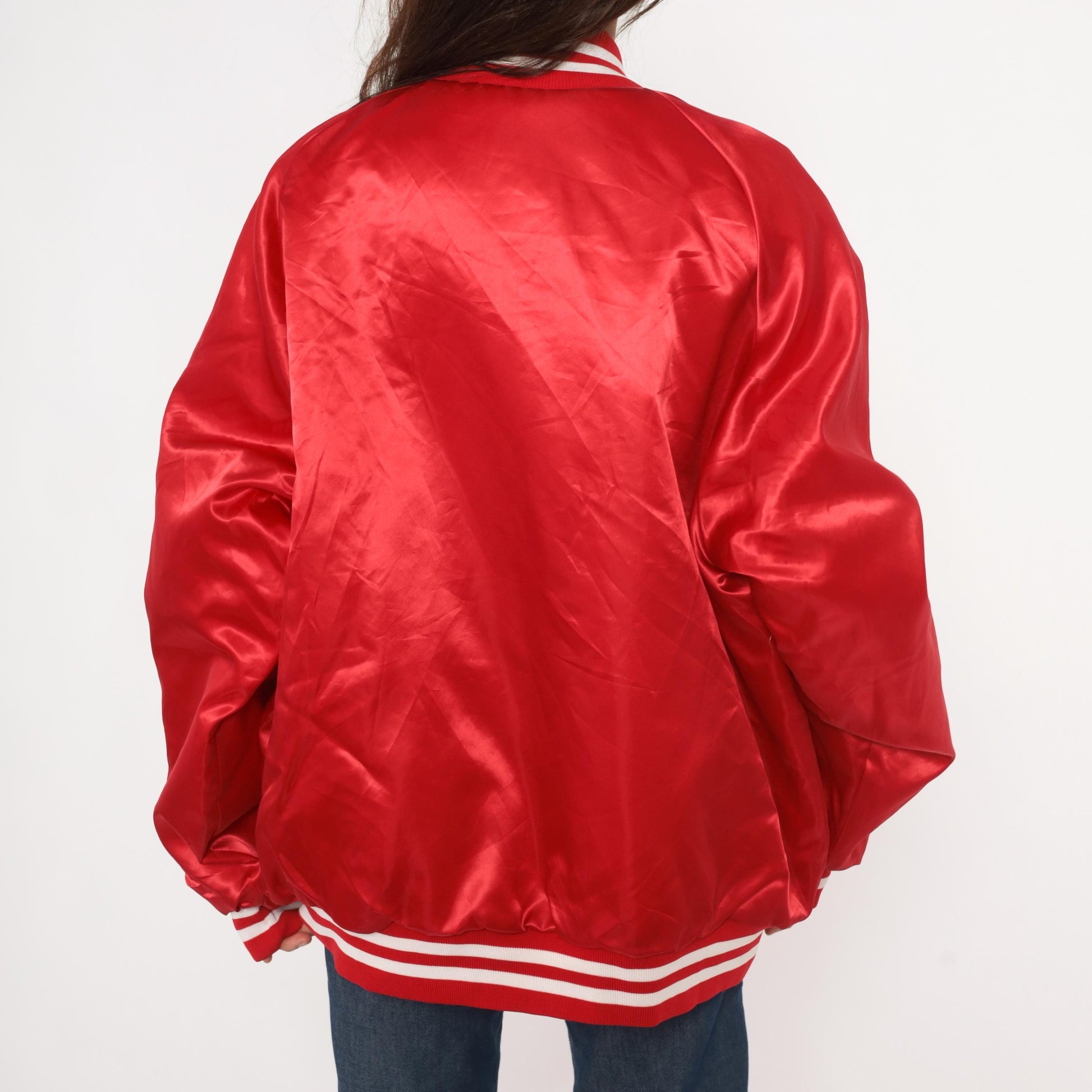 80s Red Satin Bomber Jacket Eagle Embroidered Snap Button Quilted Lining Plus Size 3XL