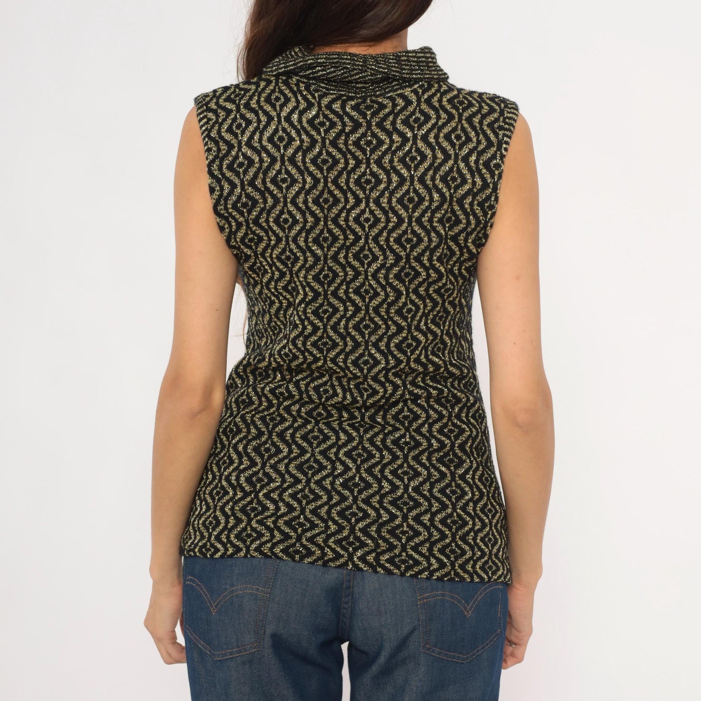 90s Black Gold Metallic Knit Mock Neck Tank Geometric Diamond Pattern Medium