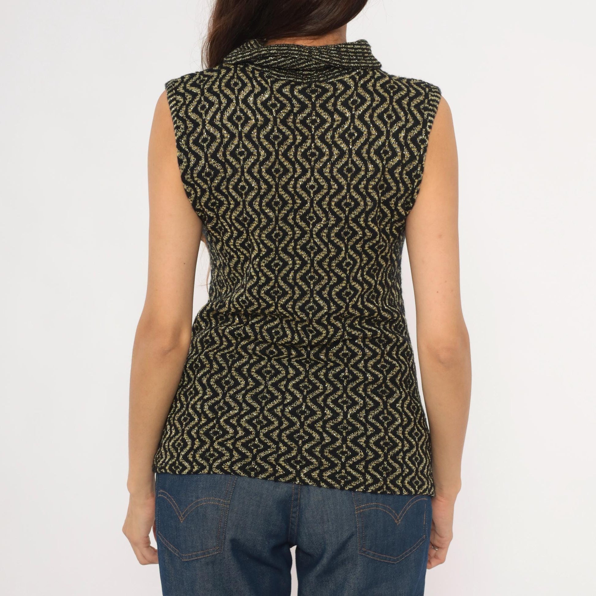 90s Black Gold Metallic Knit Mock Neck Tank Geometric Diamond Pattern Medium