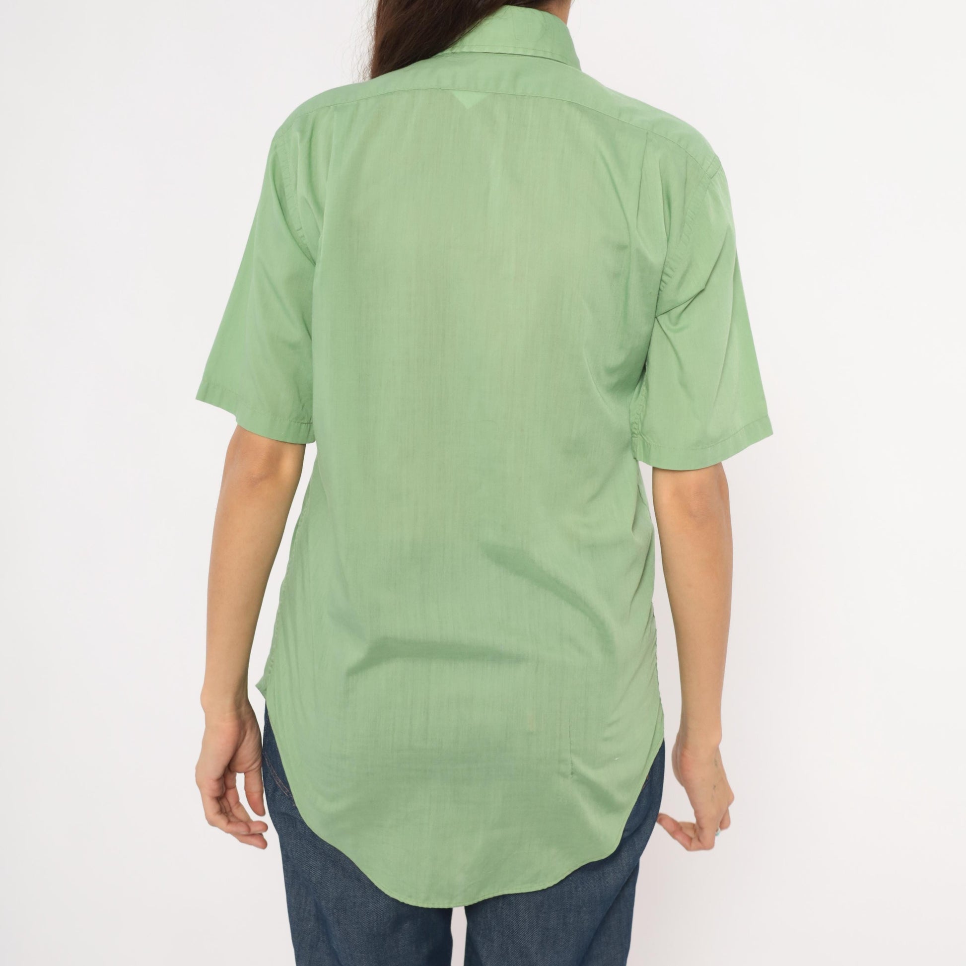 70s Mossini Sage Green Button Down Shirt Short Sleeve Pointed Collar Small