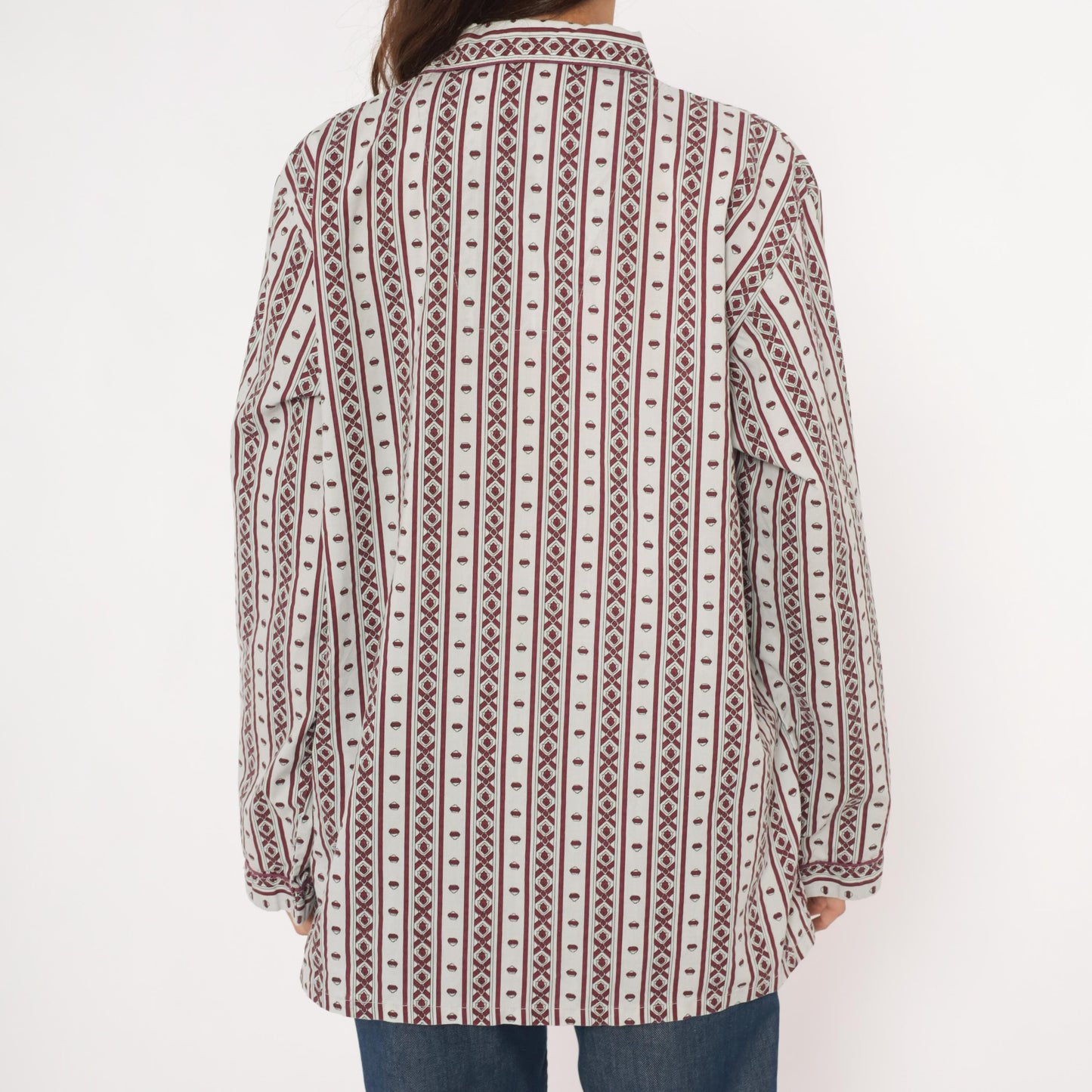 80s MTL Classics Pajama Shirt Geometric Stripe Burgundy Grey Notched Collar Large