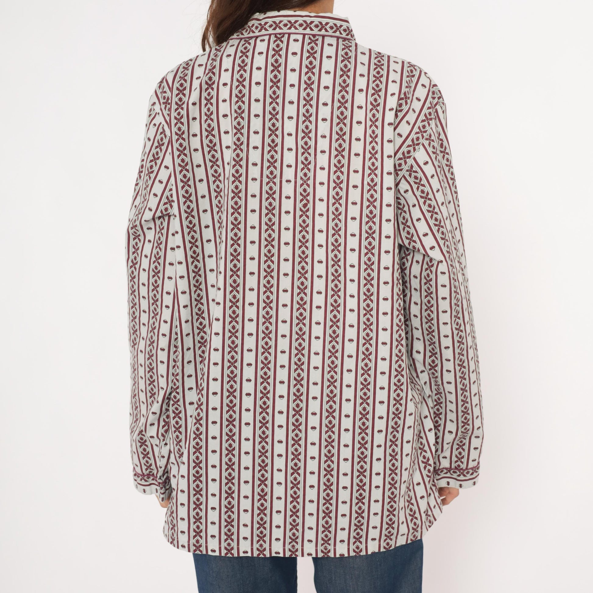 80s MTL Classics Pajama Shirt Geometric Stripe Burgundy Grey Notched Collar Large