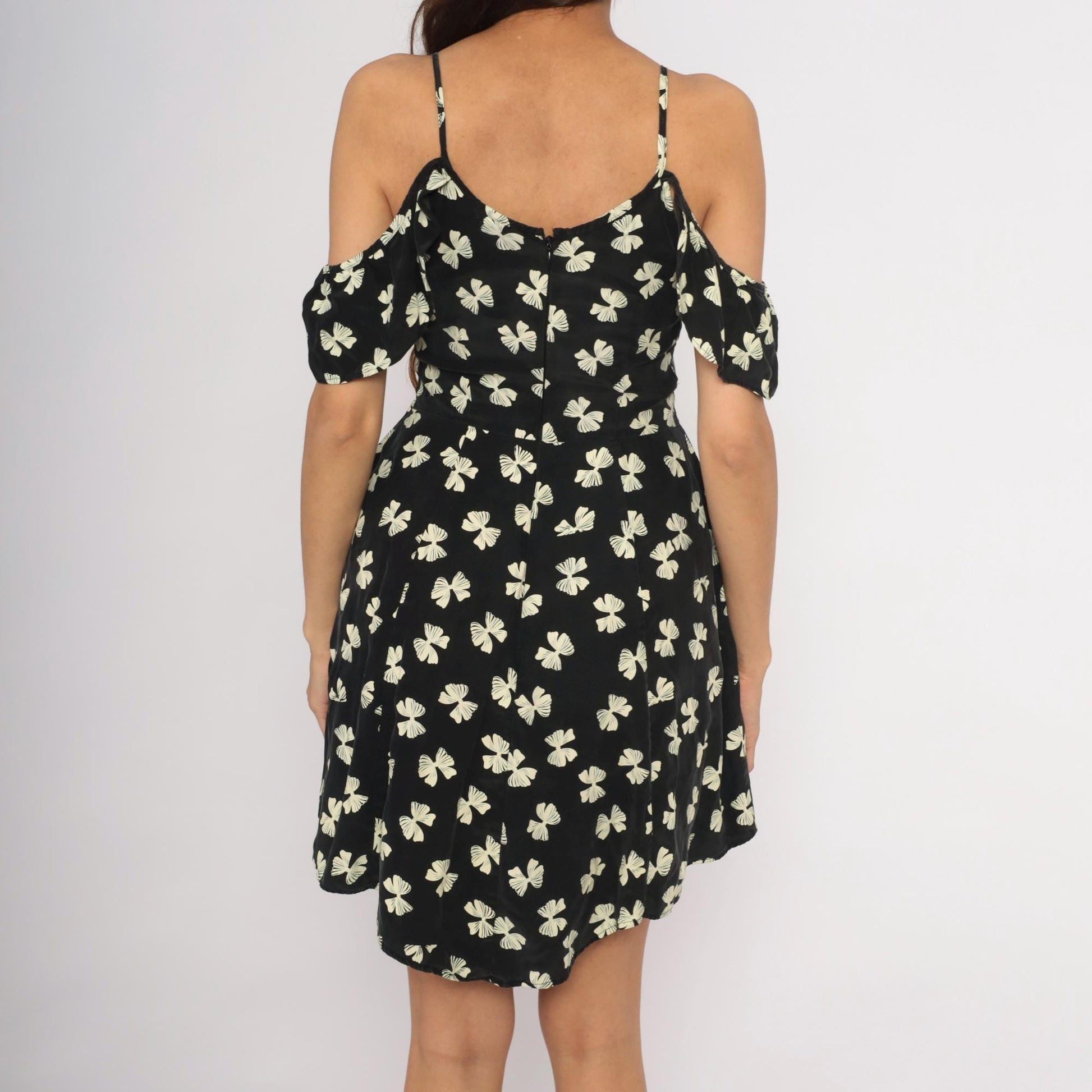 Y2K Black Cream Bow Print Mini Dress Cold Shoulder Cutout Small S