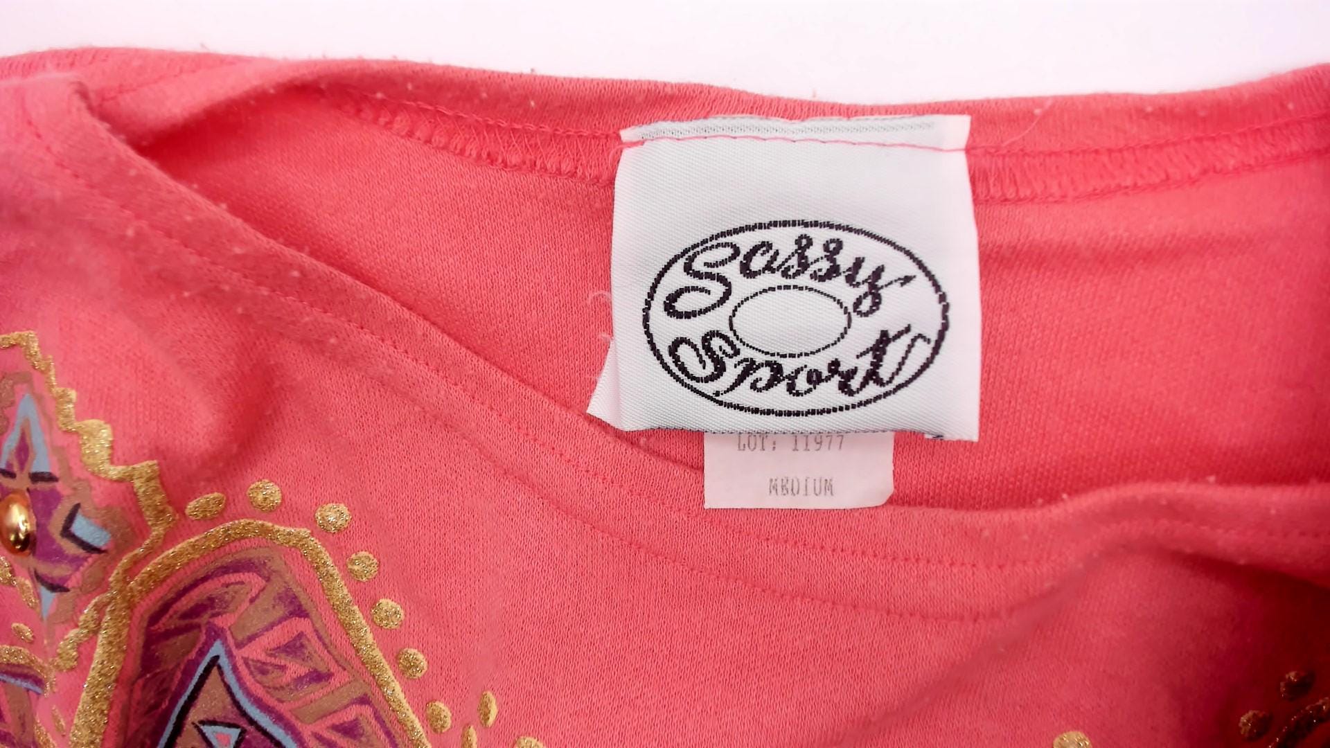 90s Sassy Sport Southwestern Crewneck Coral Pink Beaded Graphic Medium