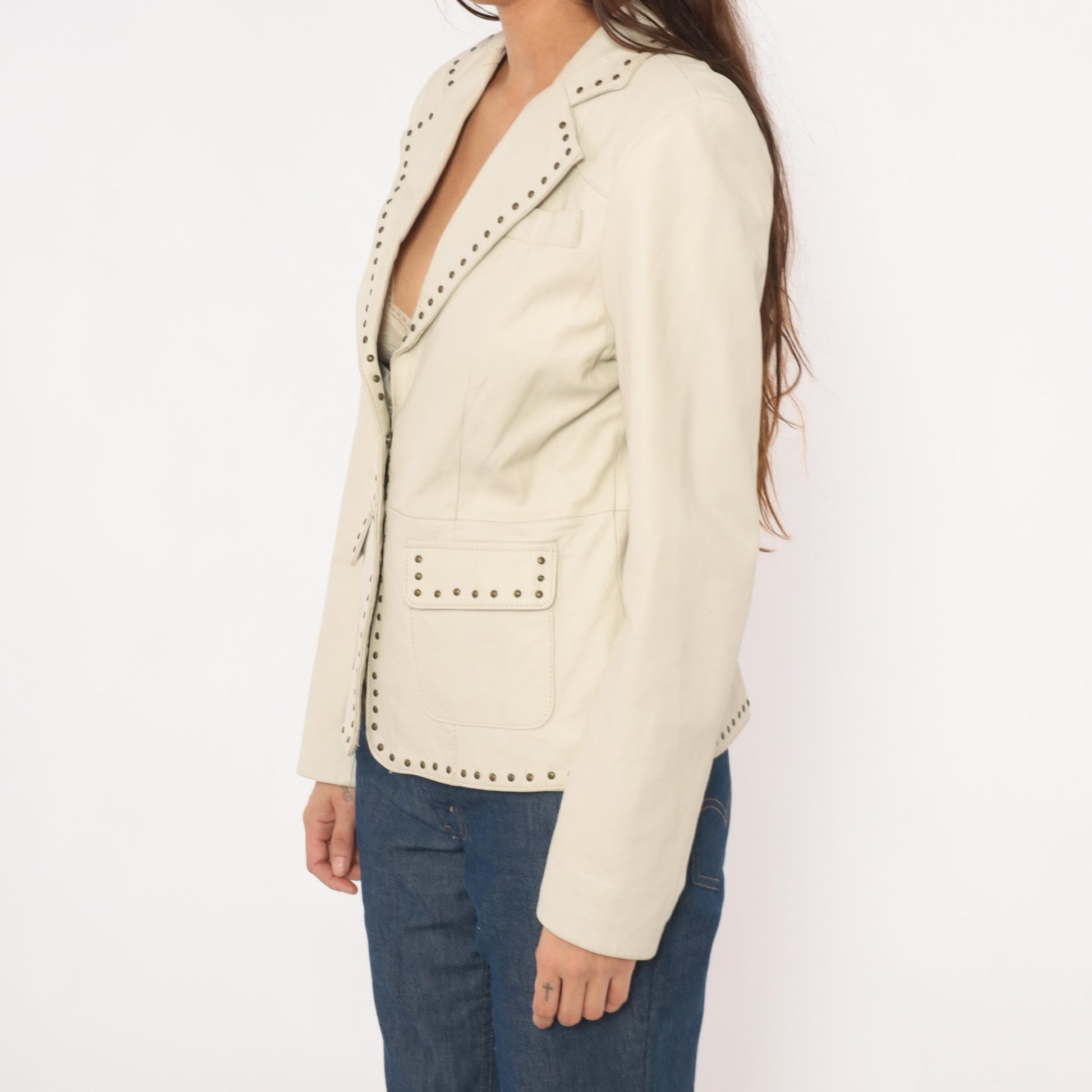 2000s Uniform John Paul Richard Studded Lamb Leather Blazer Cream Medium M