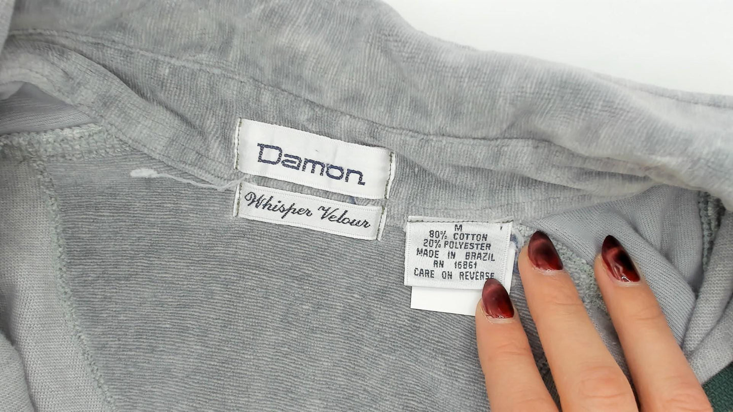 80s Damon Velour Polo Sweatshirt Grey-Blue Collared Pullover Medium M