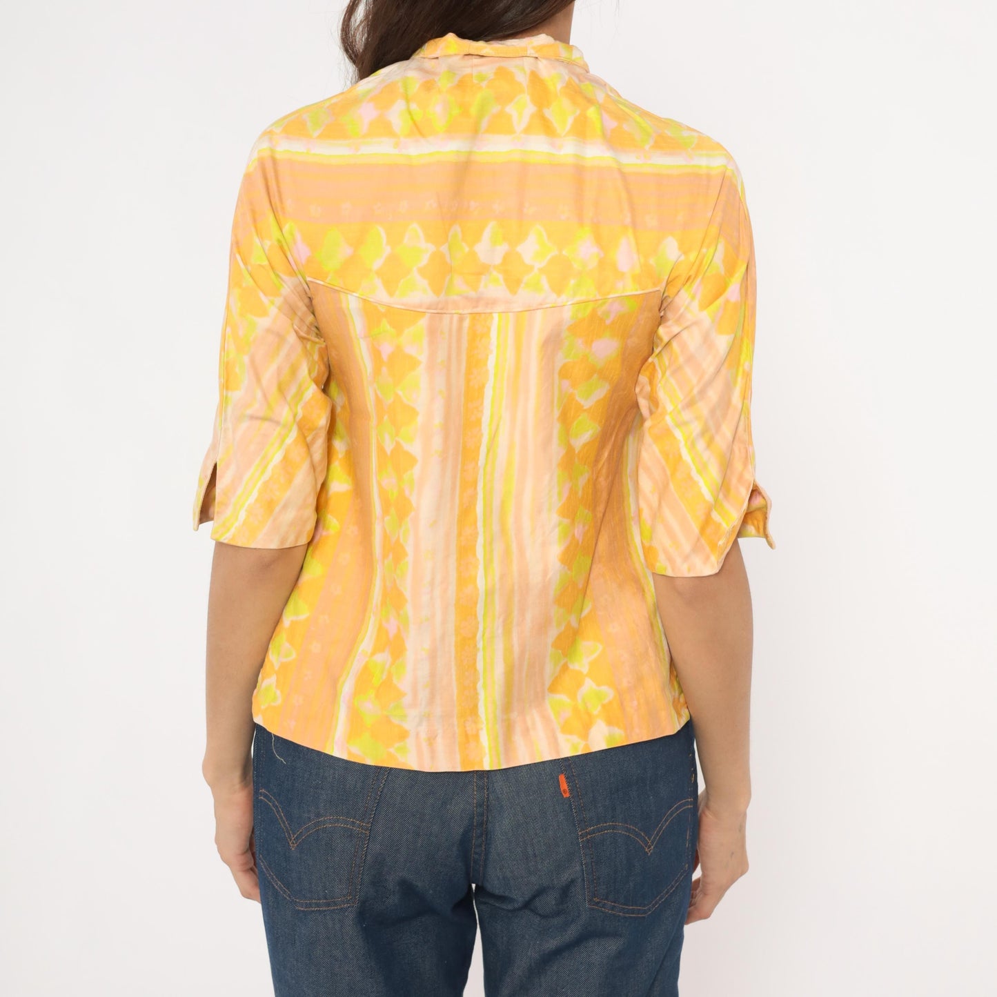 70s Frog Closure Blouse Yellow Geometric Print Mandarin Collar Three Quarter Sleeve Extra Small XS