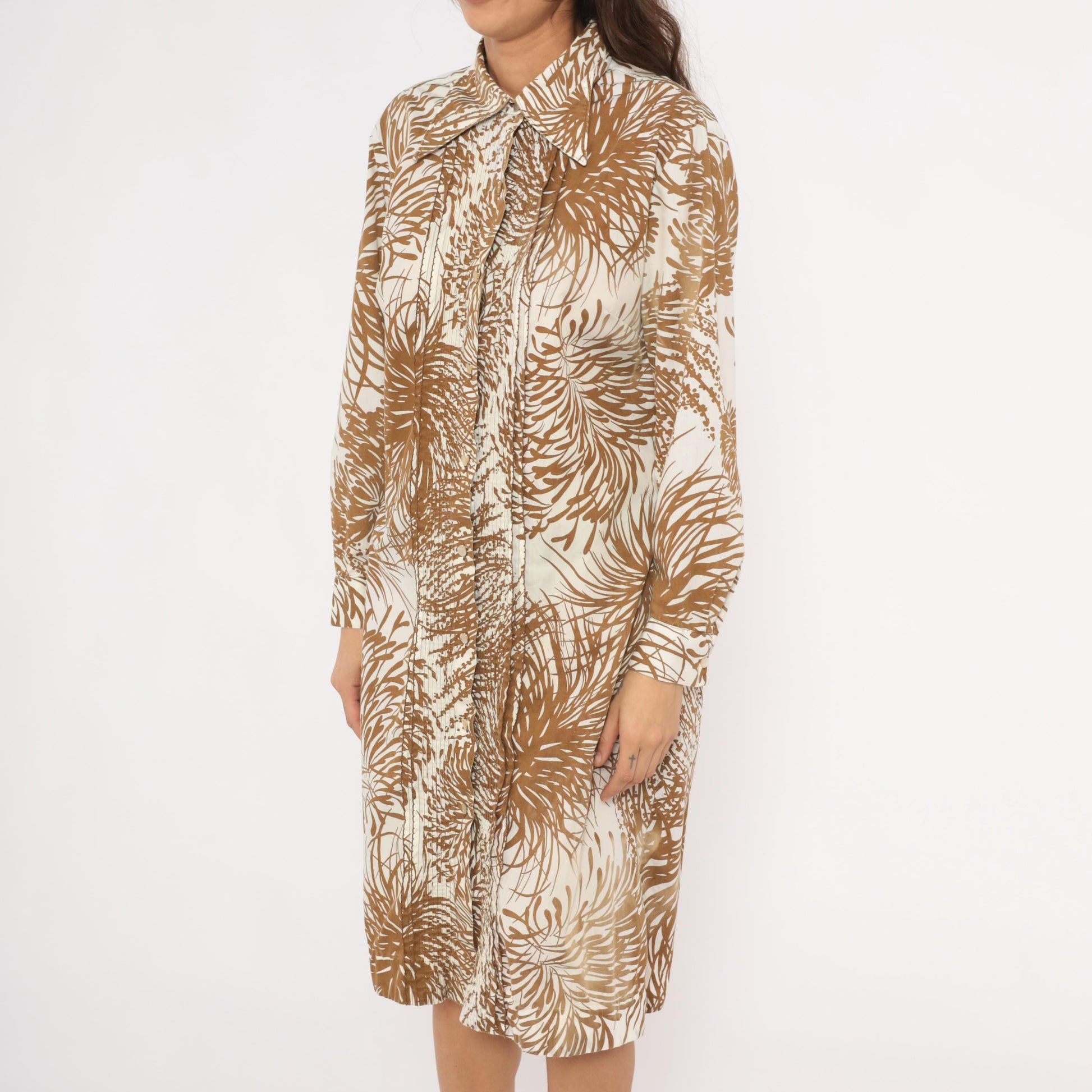 70s The Spectator Tropical Print Shirt Dress Brown Cream Knee Length Large L