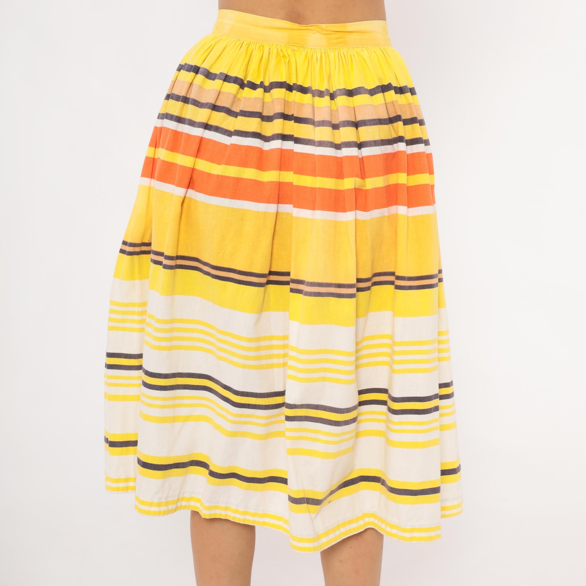 70s Striped Button Front Midi Skirt Yellow Orange Cotton Gathered Waist Small