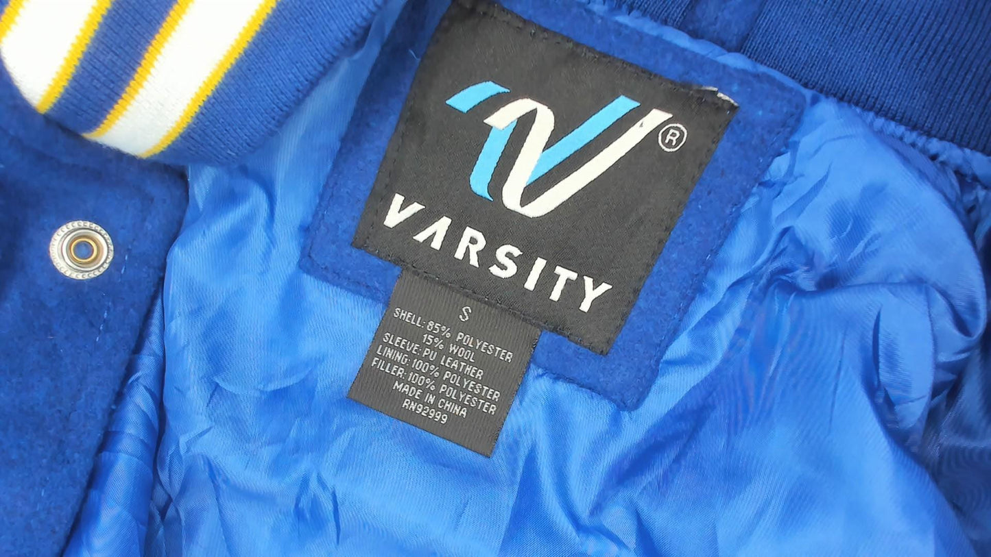 2000s Varsity Royal Blue Letterman Jacket Wool Leather Sleeve Championship Embroidered Small