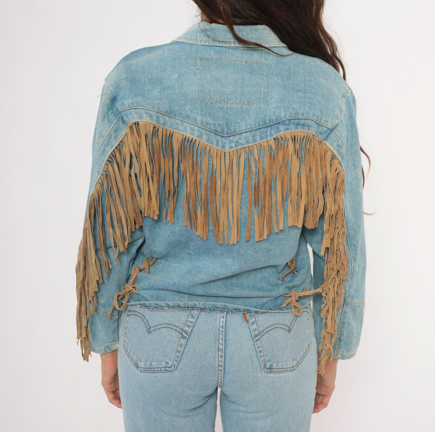 90s Morganwear Denim Jacket Suede Fringe Light Wash Lace-Up Back Medium M