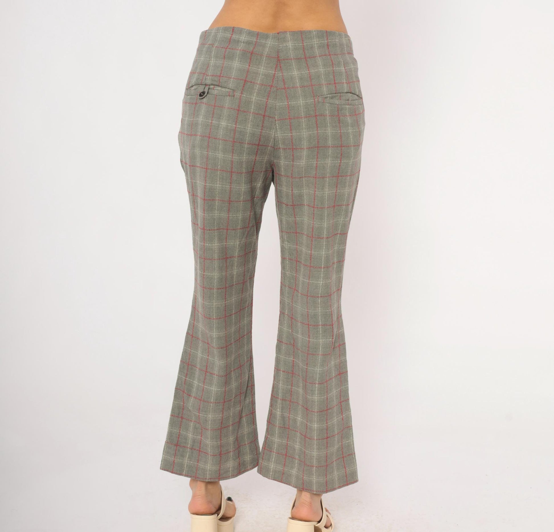 70s Grey Plaid Wool Blend Kick Flare Pants Red Windowpane Low Rise Medium M
