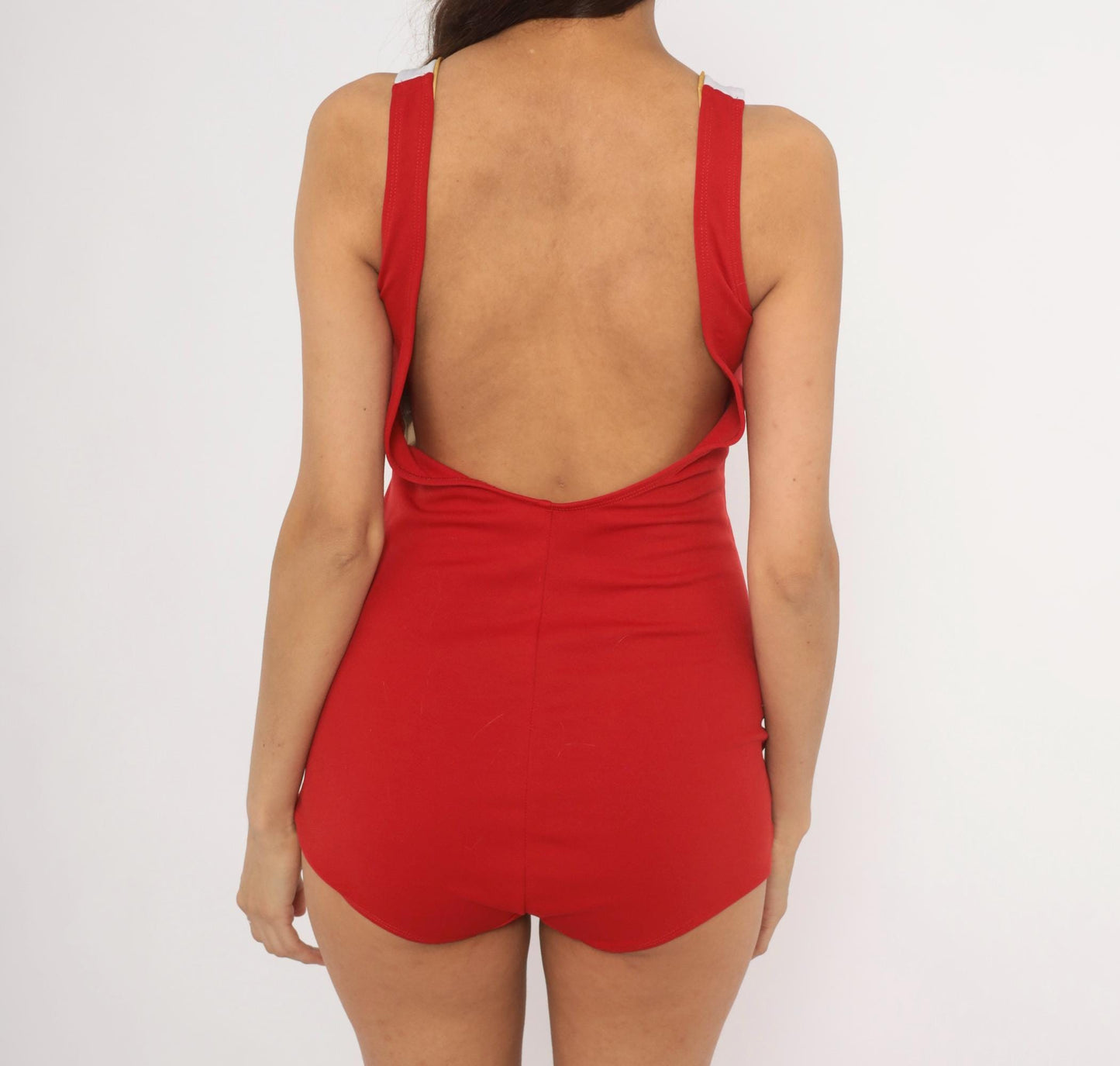 90s Ceeb Sportswear Red One-Piece Swimsuit Surplice Wrap Gold Trim Large L