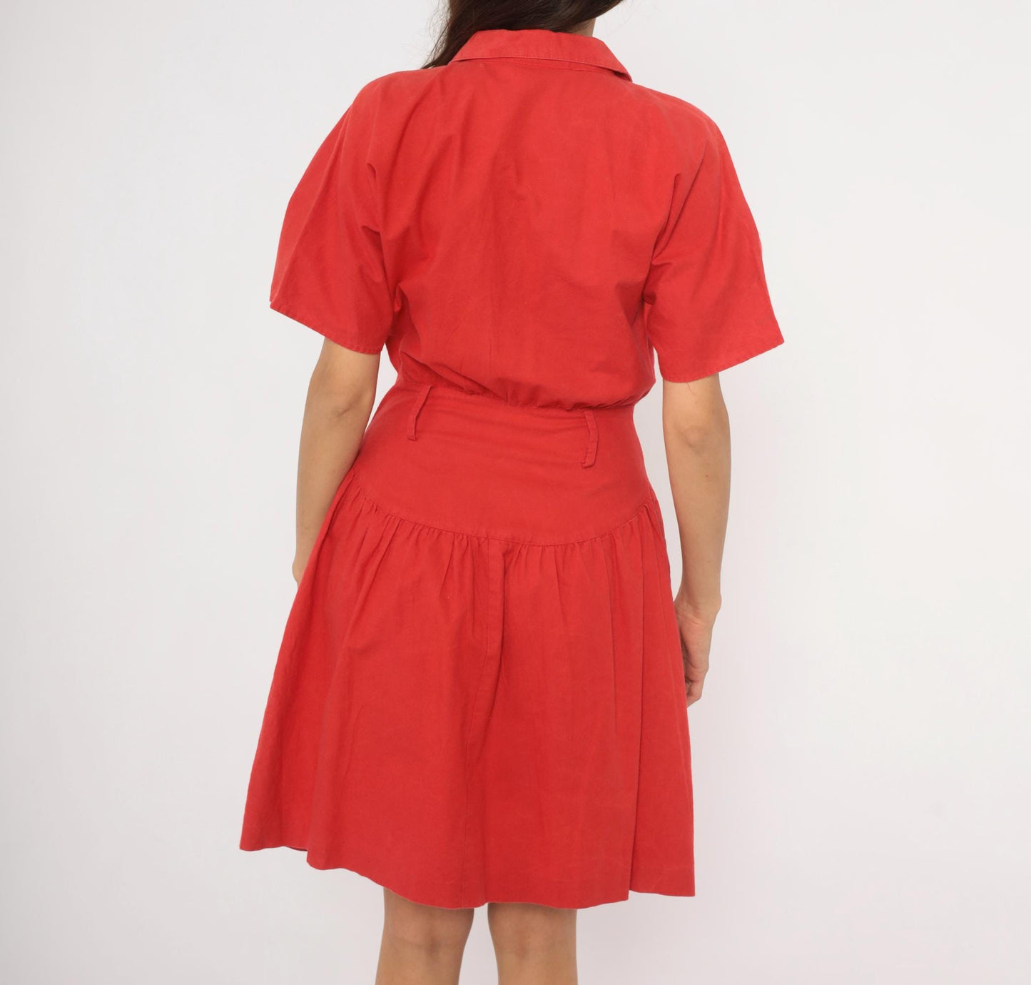 90s Wild Dress Red Cotton Shirtdress Drop Waist Gathered Skirt Medium M
