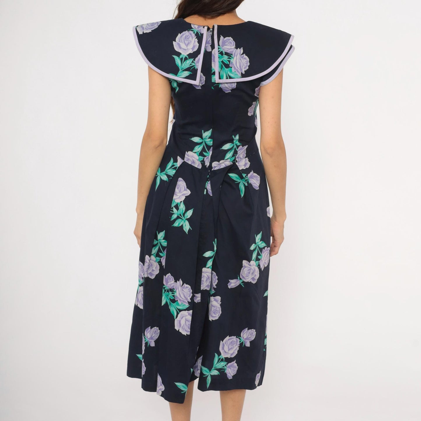 80s Kathryn Conover Floral Midi Dress Sailor Collar Cotton Purple Rose Extra Small XS
