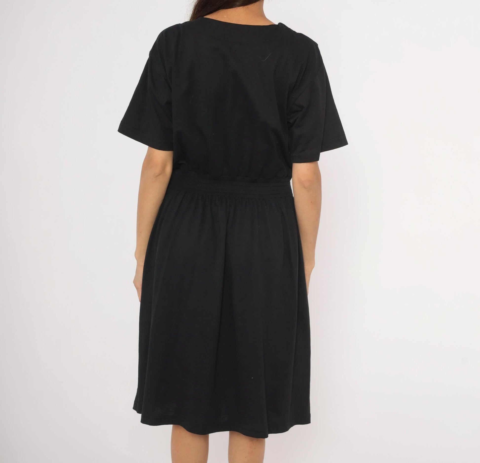 90s Cervelle Black Knee-Length Dress Rhinestone Jeweled Neckline Cotton Large L