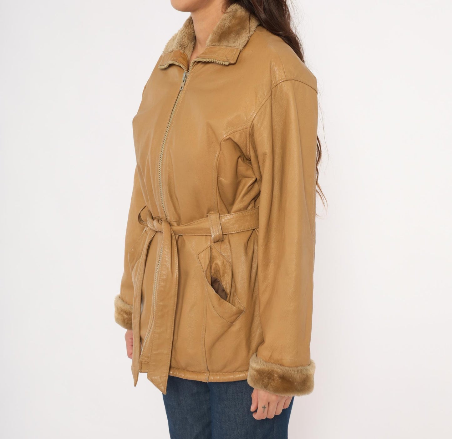 2000s Mny Tan Leather Jacket Fur-Trimmed Collar Belted Hip-Length Small S