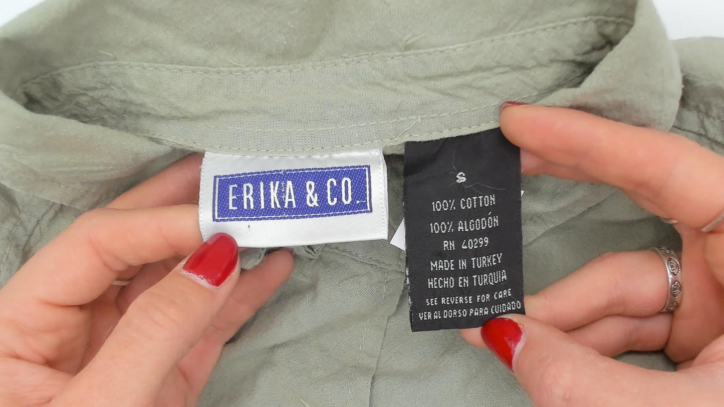 90s Erika & Co Olive Cotton Camp Collar Shirt Sage Green Rolled Sleeve Small
