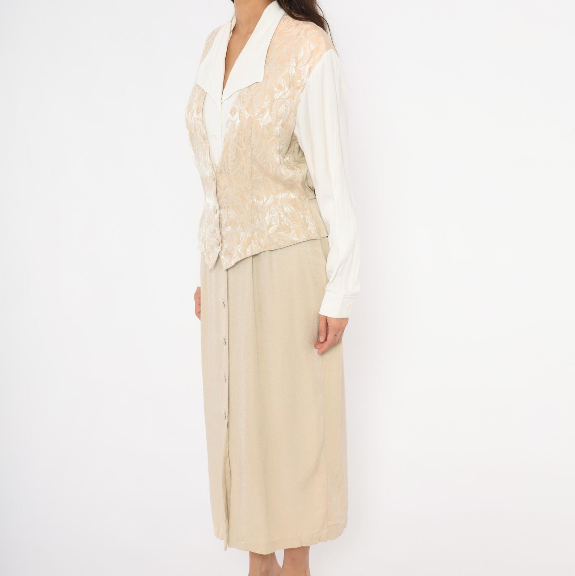80s Miss Scarlett Jacquard Vest Midi Dress Ivory Collar Cream Sleeves Large L