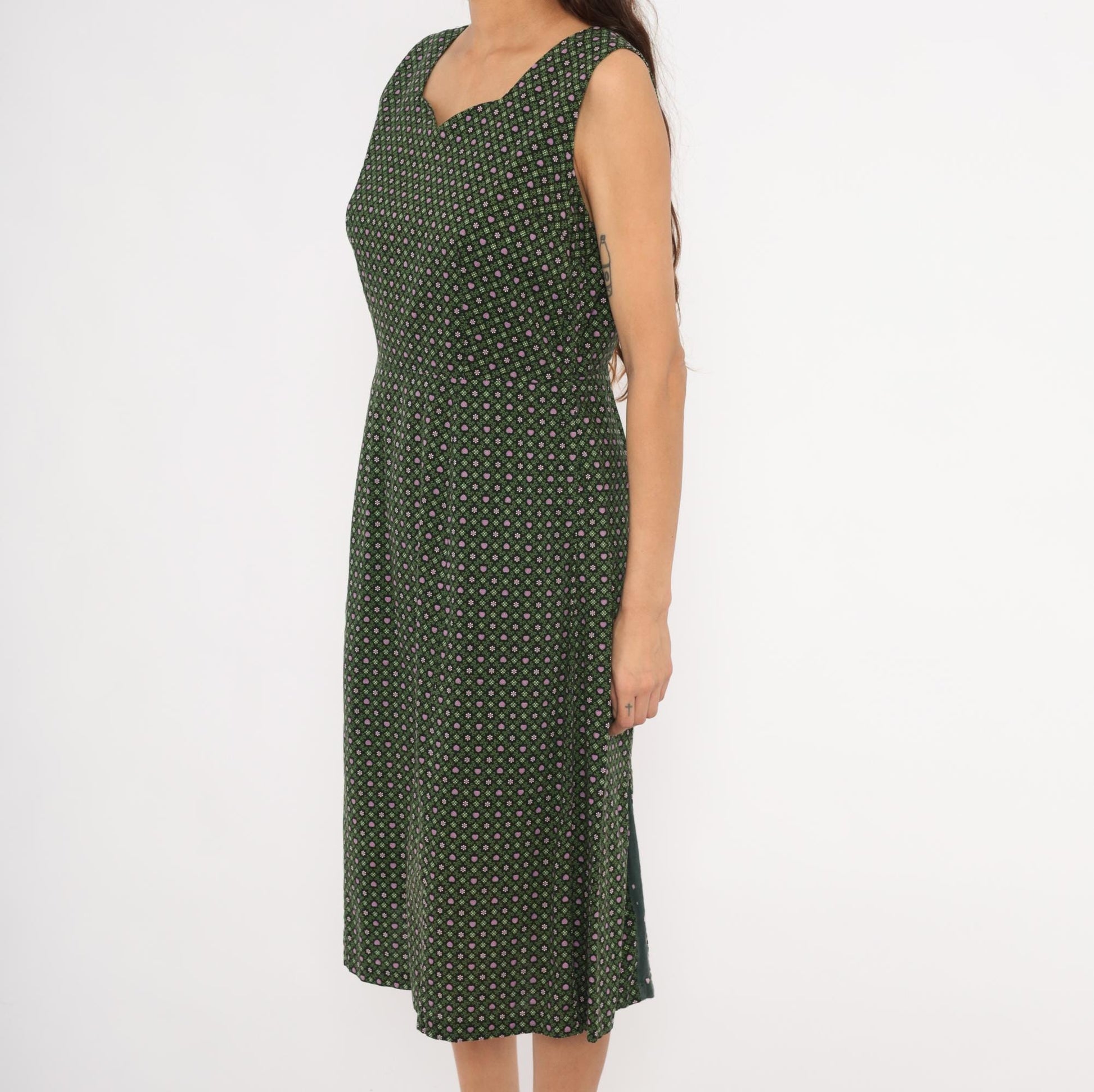 60s Heart Floral Cotton Dress Sweetheart Neckline Pencil Skirt Forest Green Large L