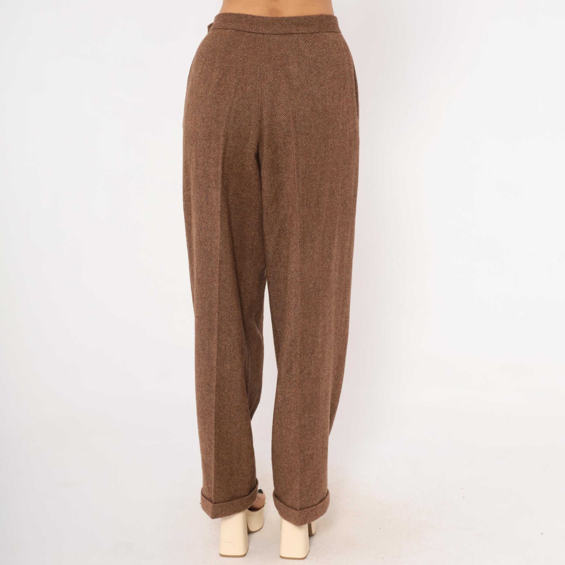 Ralph Lauren Wool Herringbone Trousers 90s Brown Pleated High Waist Large L